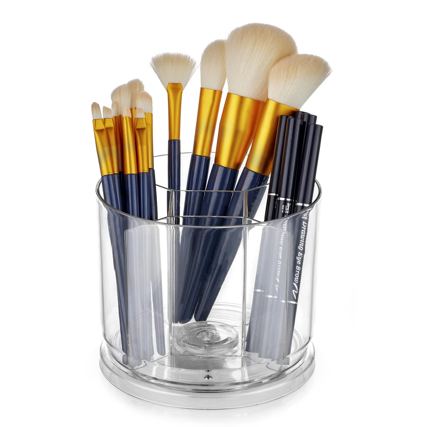 Makeup Brush Holder Organizer -Rotating 360° Clear Storage Cup Containers for Vanity, Desk, Countertop, Spinning Pen Holder for Desk, Round Make up Brush Stand with 5 Slots (Clear)
