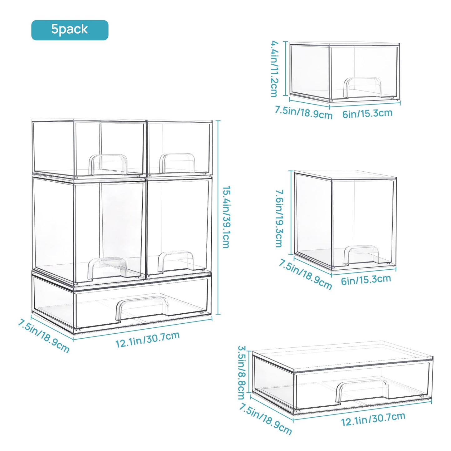 Vtopmart 3 Pack Clear Small Stackable Storage Drawers, Acrylic Bathroom Makeup Organiser, Plastic Storage Box For Vanity, Under Sink, Kitchen Cupboard, Pantry, Home Organization