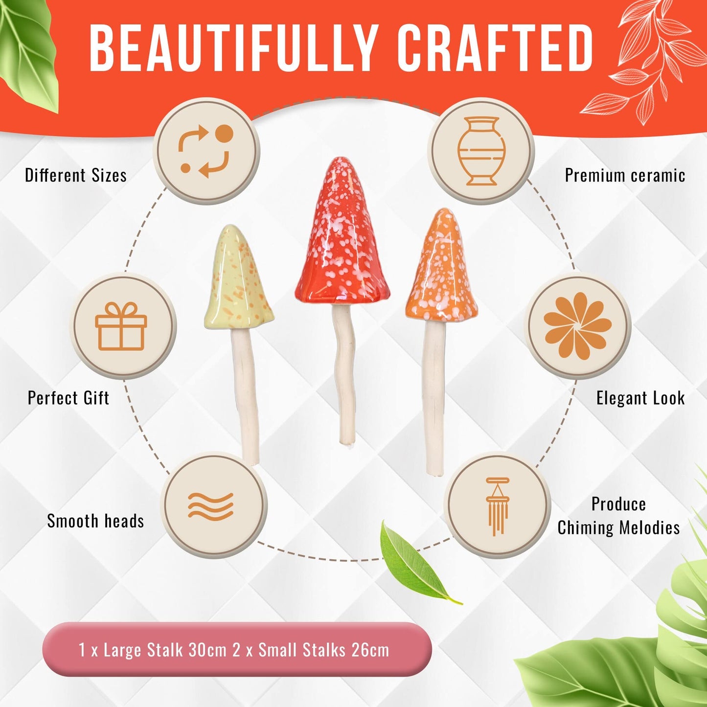 HH Home Hut Tinkling Ceramic Toadstools - Colourful Garden Ornaments, Mushrooms Plant Pot Set of 3 Outdoor Decor, Kids Gardening Set Fairy Garden Large Accessory (Yellow, Red, Orange)