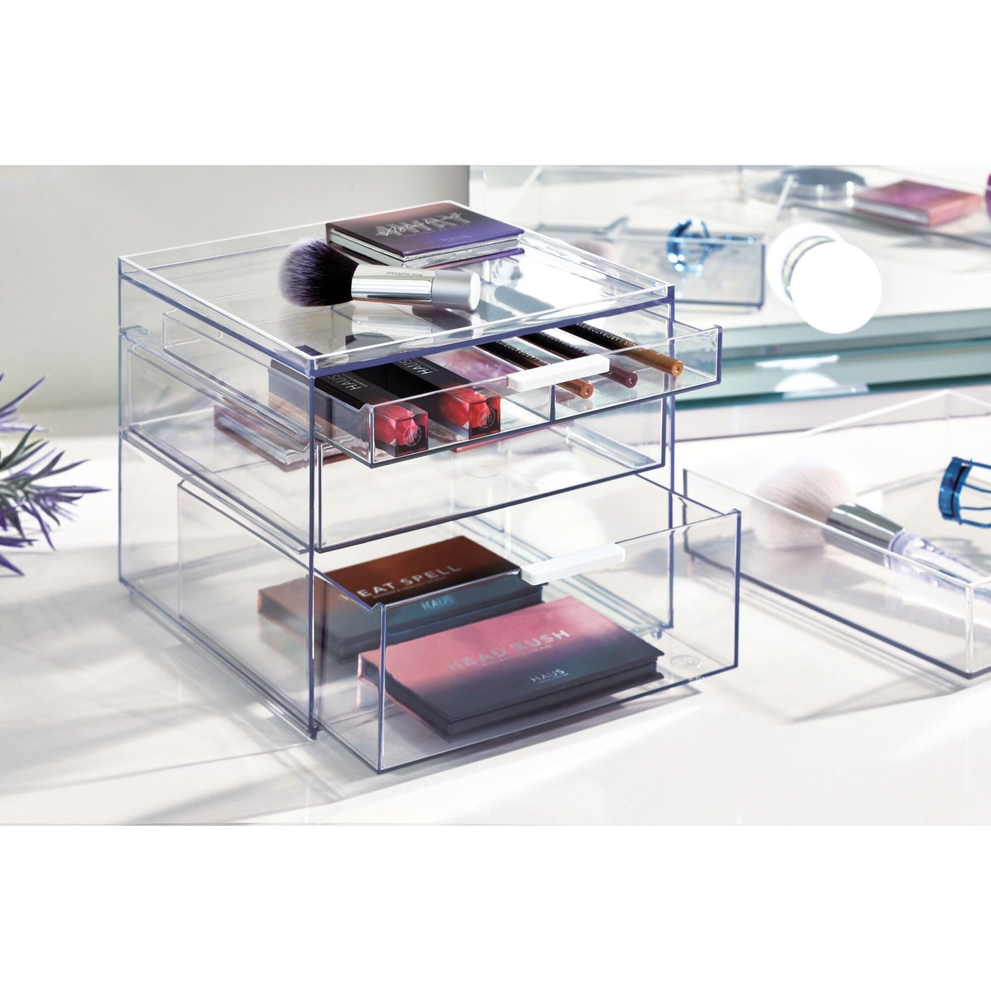 iDesign Storage Drawer from the Signature Series by Sarah Tanno, Rectangular PET Makeup Tray for Beauty Products, Cosmetic Organiser System, Clear/Matte White, 10.2 cm x 20.3 cm x 5 cm