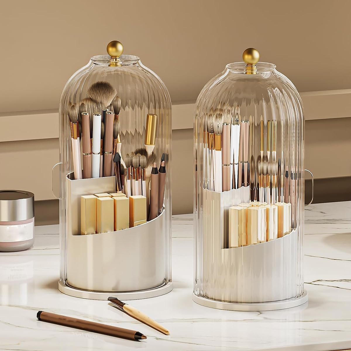 Makeup Brush Holder Rotating Organiser with Clear Lid,Sliding Opening Dustproof Makeup Brush Case Make up Organizer Storage for Dressing Table Organiser,Vanity,White Black