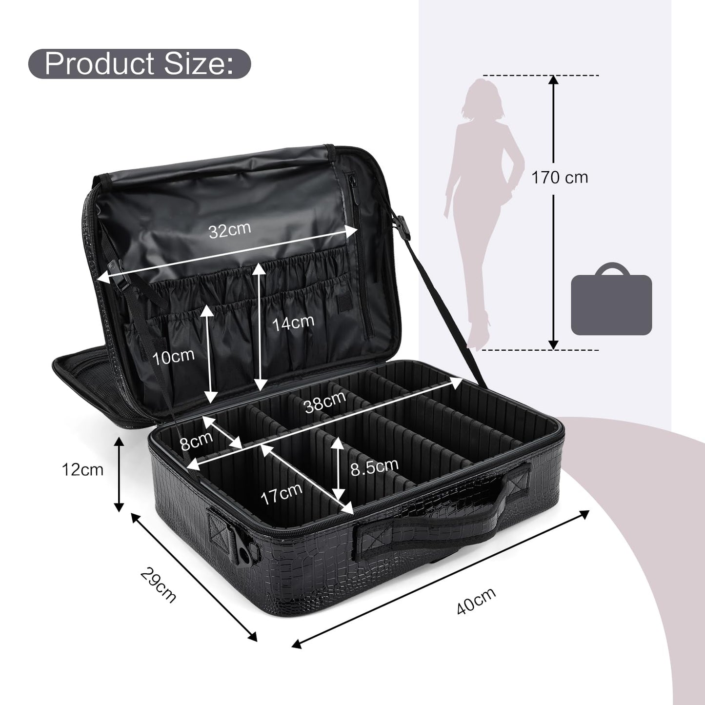 Joligrace Large PU Leather Professional Makeup Bag with Removable Back Strap Cosmetic Case Beauty Box Hairdressing Tools Organiser Storage Box, Marble