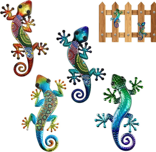 4pcs Metal Gecko Wall Decor for Garden Fence, 8x4cm Gecko Wall Art Decorations for Outdoors, Colourful Gecko Garden Ornaments & Outdoor Sculpture Wall Decoration for Patio Balcony Fence