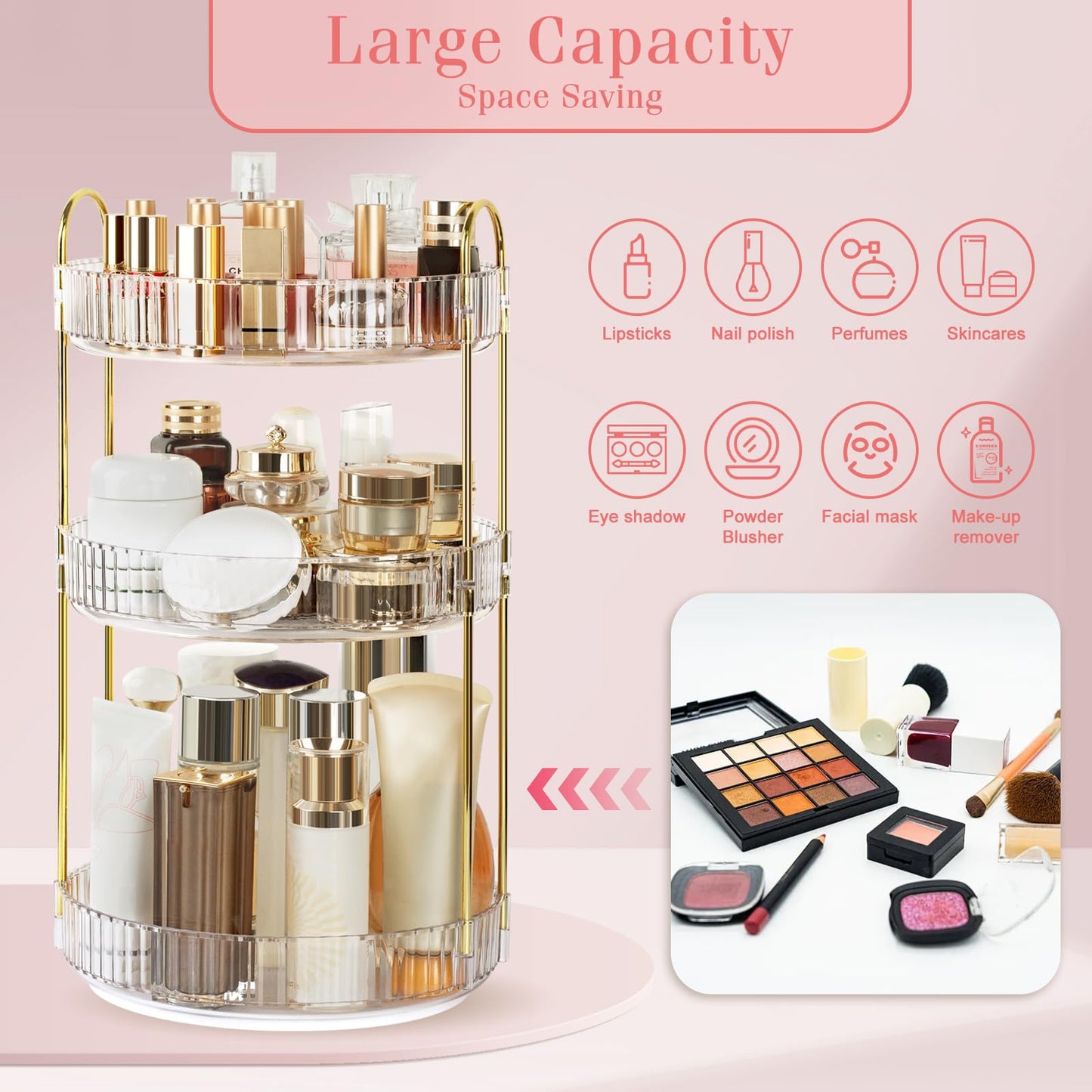 Boxalls Make up Organiser 360° Rotating, 3 Tier Large Capacity Bathroom Organizer, Cosmetics Vanity Storage, Dressing Table Organiser, Skincare Spinning Carousel for Skincare Perfume (3 Tiers, Green)