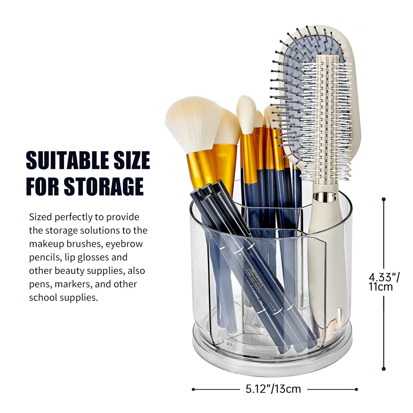 Makeup Brush Holder Organizer -Rotating 360° Clear Storage Cup Containers for Vanity, Desk, Countertop, Spinning Pen Holder for Desk, Round Make up Brush Stand with 5 Slots (Clear)