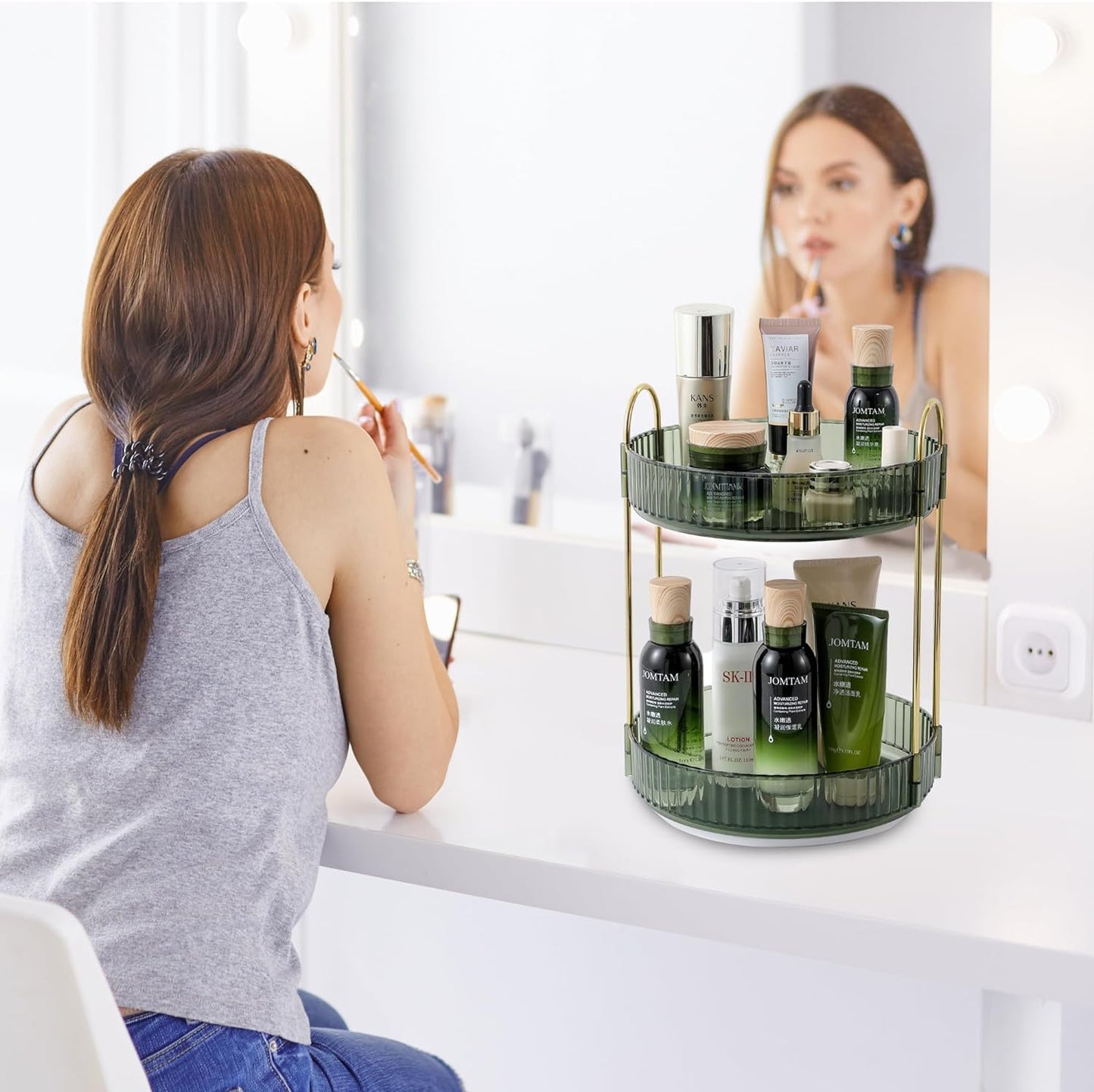 Rotating Makeup Organizer for Vanity, Large Skincare Make Up Storage Perfume Organizers for Bathroom Counter, Clear Cosmetic Lipstick Toiletry Dresser Organizer Spinning Holder