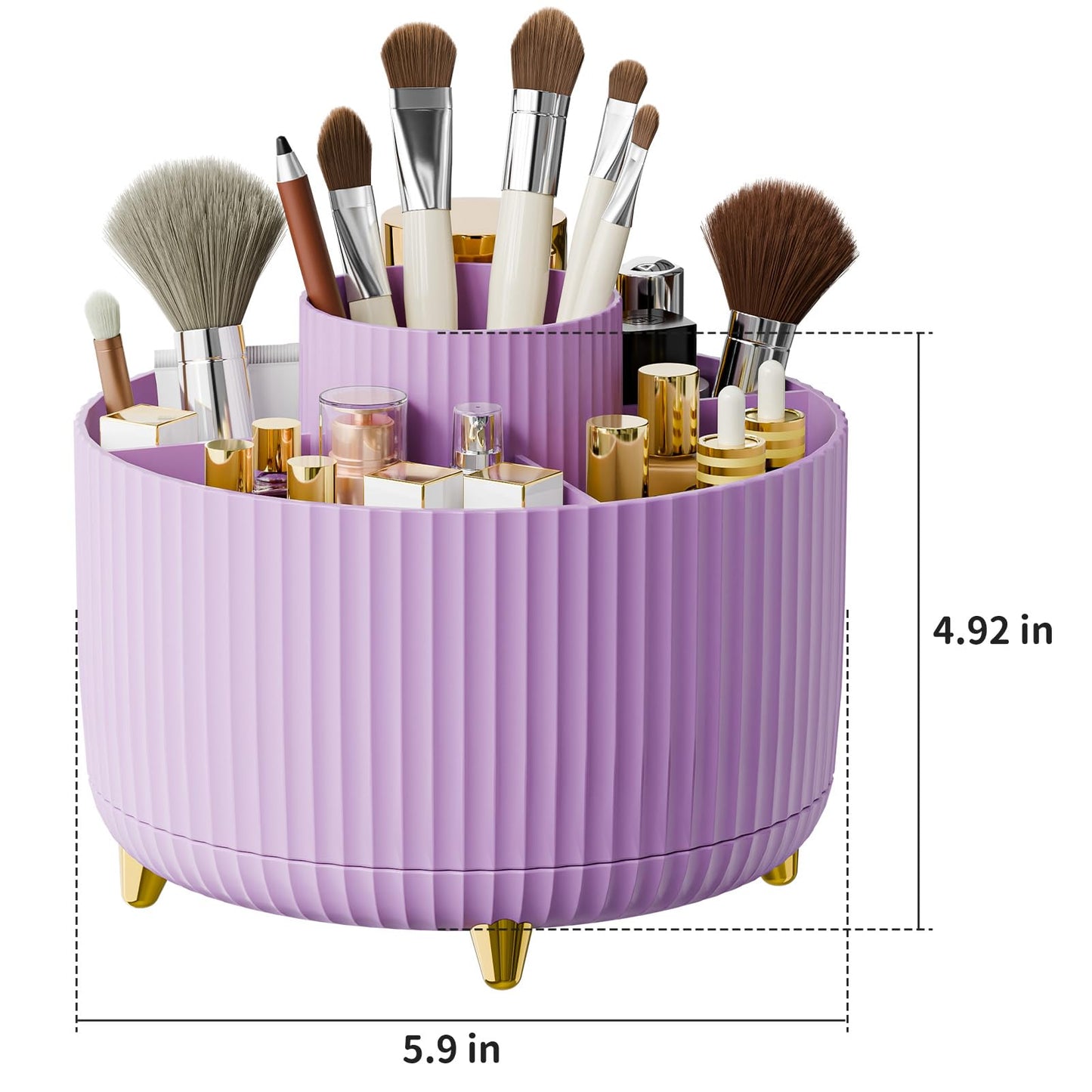 fanado 360° Rotating Makeup Organiser, Makeup Brush Holder, 5 Compartment Makeup and Skincare Storage for Vanity, Desktop, Bathroom (Purple)