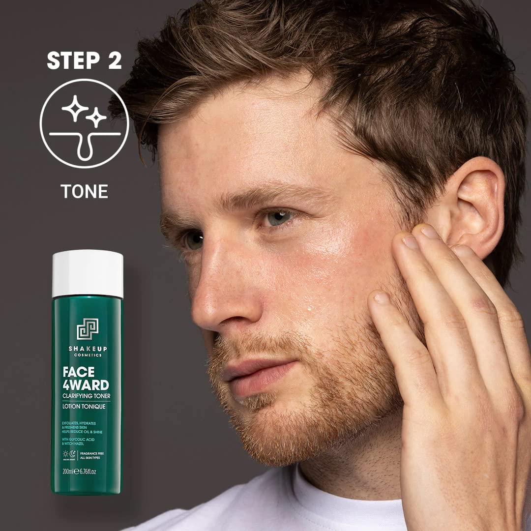 Shakeup Cosmetics Mens Skincare Routine with Free Wash Bag, including Daily Face Wash, Clarifying Toner, Anti-Ageing Serum, Daily Moisturiser, plus Wash Bag. Aka. SHAKEUP FACE 4WARD DELUXE KIT