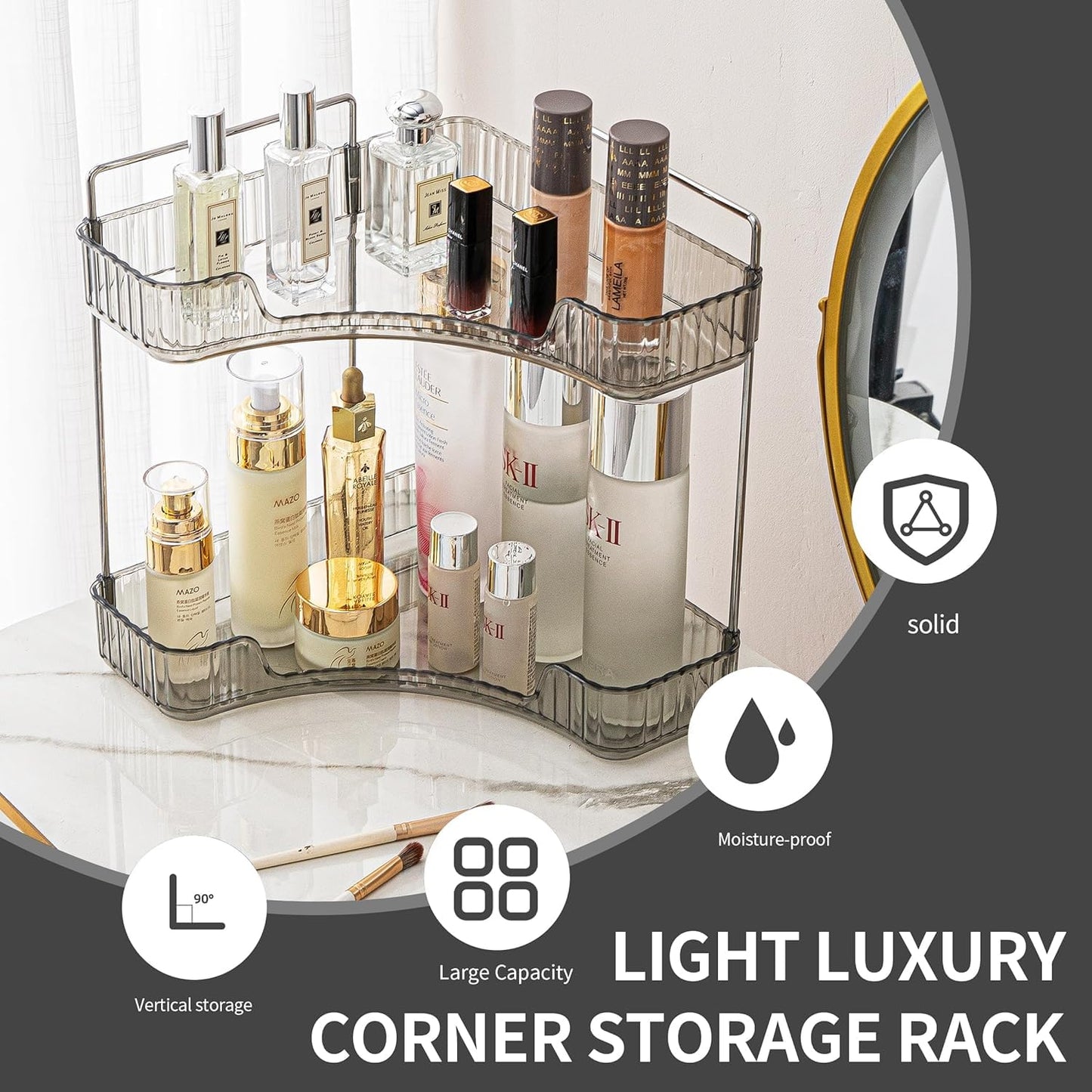 Bingobang Makeup Organiser Corner Trays, 3 Tiers Skincare Cosmetic Organizer Acrylic Large, Storage Tidy for Lipstick, Nail Care, Perfume, Brush, Vanity Dresser, Bedroom, Kitchen, Bathroom(Grey)