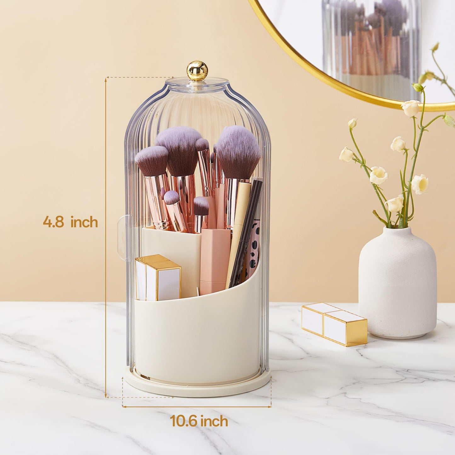 Makeup Brush Holder Rotating Organiser with Clear Lid,Sliding Opening Dustproof Makeup Brush Case Make up Organizer Storage for Dressing Table Organiser,Vanity,White Black