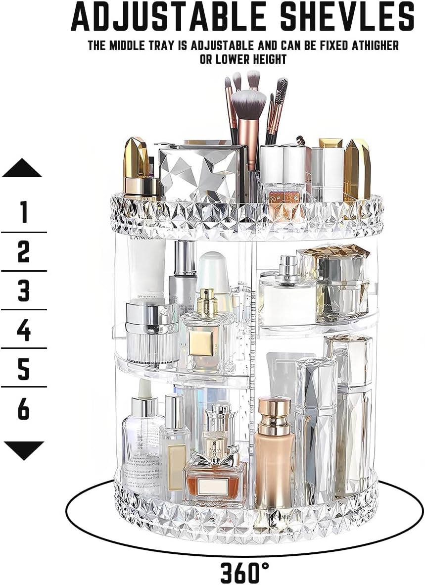 3 Tiers Rotating Makeup Organizer with Compartment 360° Rotating Makeup Stand Display Case Large Capacity Cosmetic Display Box Clear for Dresser Bathroom Skincare,Lipsticks,Makeup Brushes