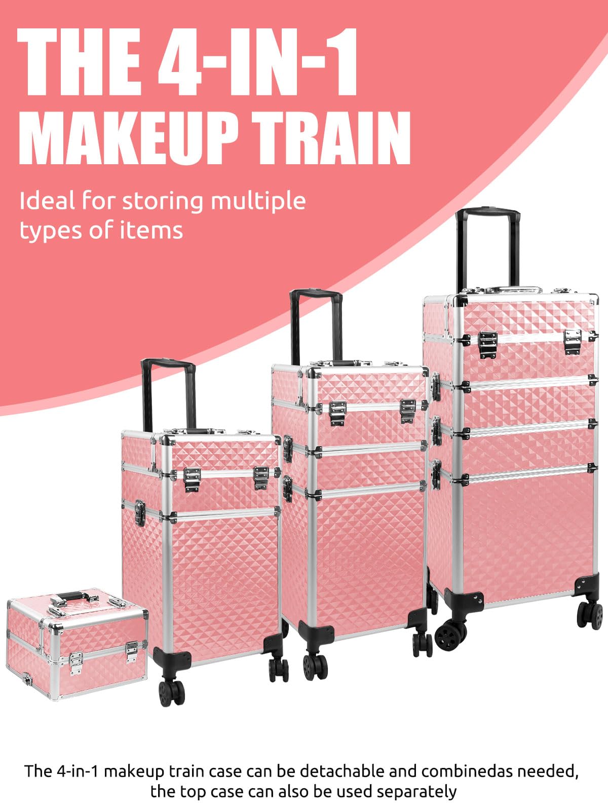 EBANKU Makeup Train Cases 4 in 1, Portable Professional Cosmetic Travel Case Nail Polish Hair Products Rolling Makeup Travel Organizer, with 360° Swivel Wheels,Pink