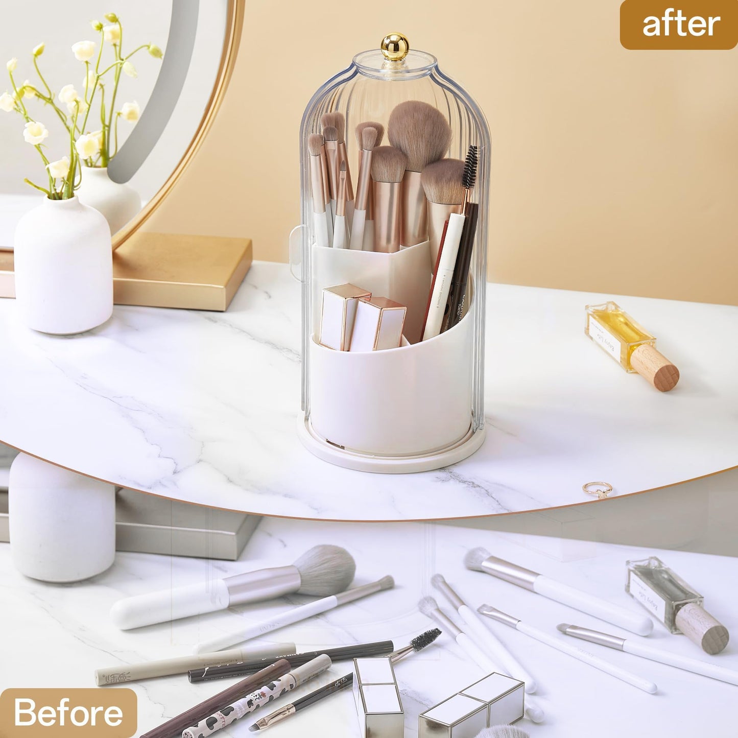 Makeup Brush Holder Rotating Organiser with Clear Lid,Sliding Opening Dustproof Makeup Brush Case Make up Organizer Storage for Dressing Table Organiser,Vanity,White Black