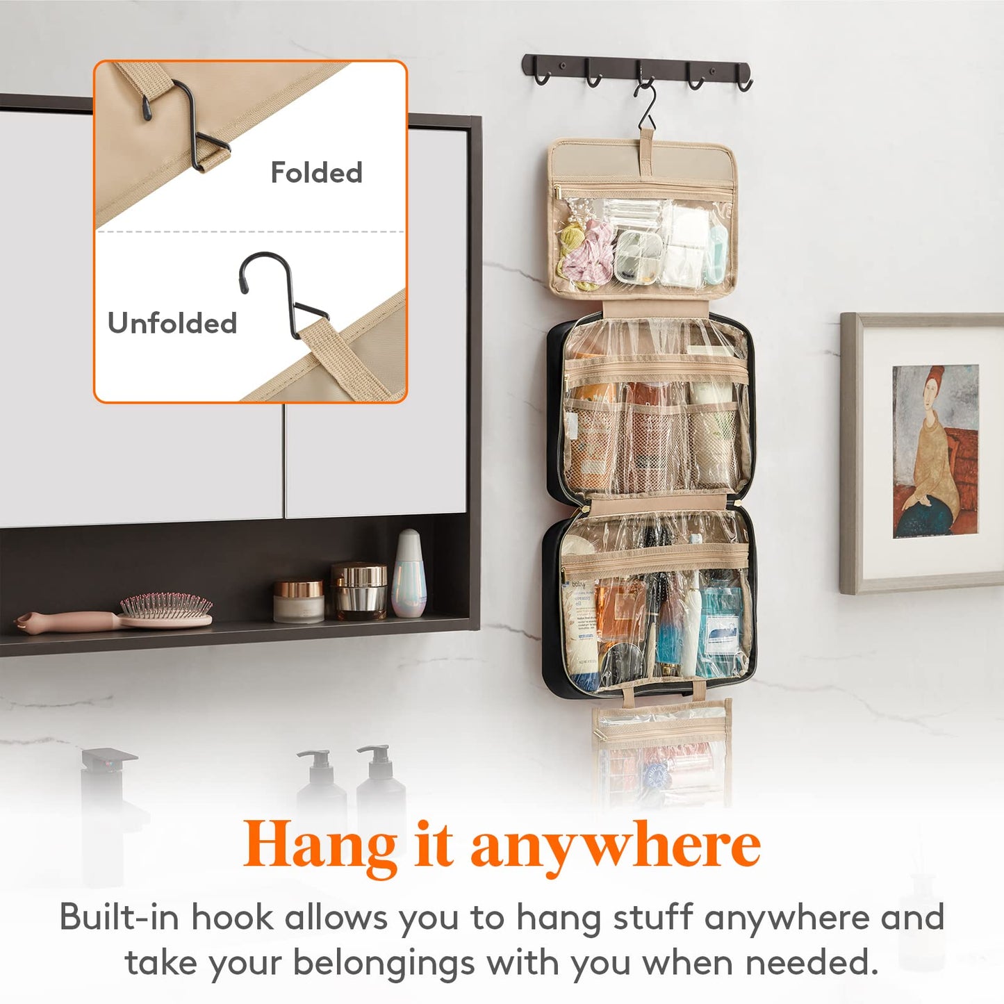 Lifewit Travel Toiletry Bag, Large Hanging Makeup Bag Organizer for Women, Transparent Travel Cosmetic Bag with Hanging Hook for Full Size Bottles, Vacation Essentials, Medium,Dark Blue