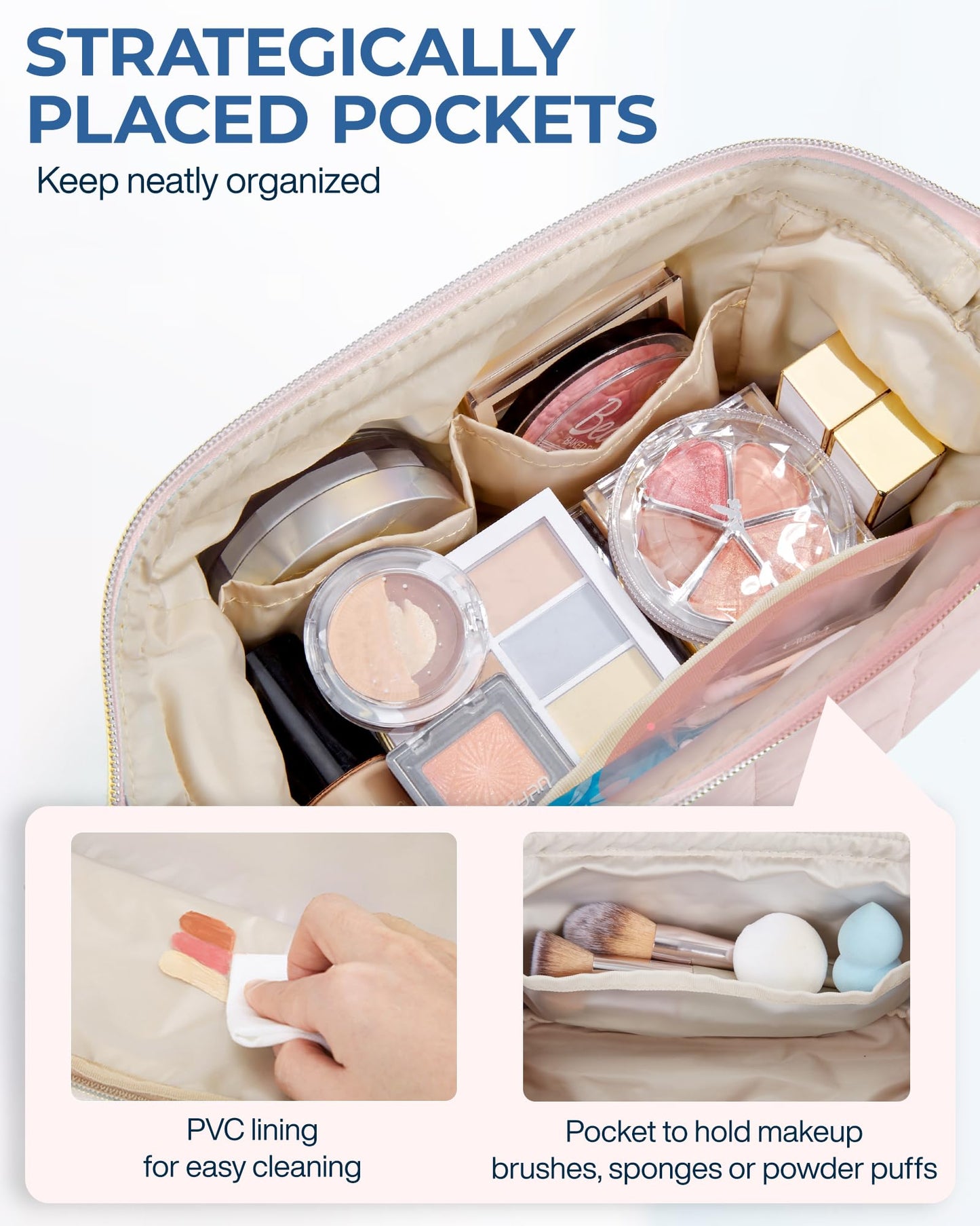 BAGSMART Makeup Bag Travel Cosmetic Bag, Puffy Padded Make Up Bags for Women, Large Capacity Wide-Open Travel-Size Toiletries Pouch, Purple