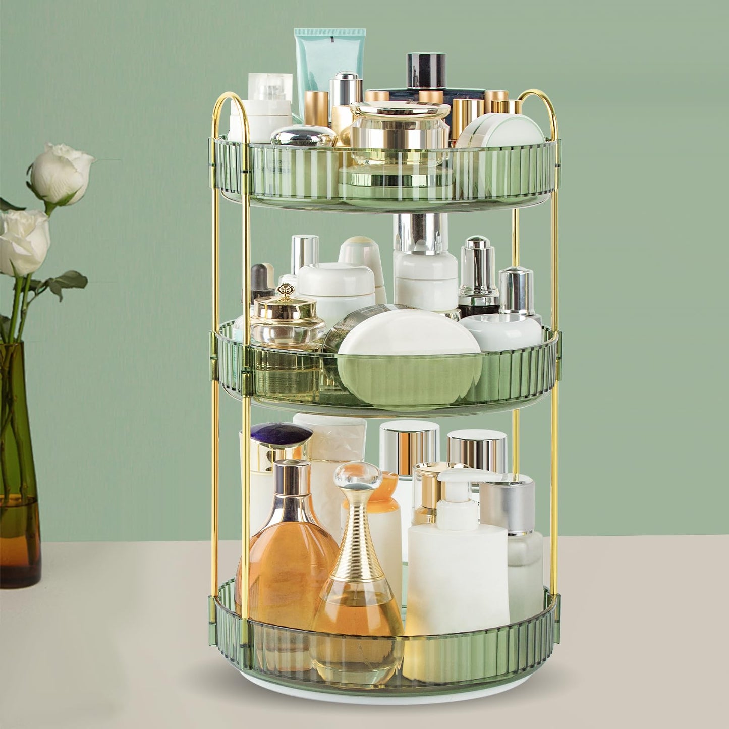 Boxalls Make up Organiser 360° Rotating, 3 Tier Large Capacity Bathroom Organizer, Cosmetics Vanity Storage, Dressing Table Organiser, Skincare Spinning Carousel for Skincare Perfume (3 Tiers, Green)