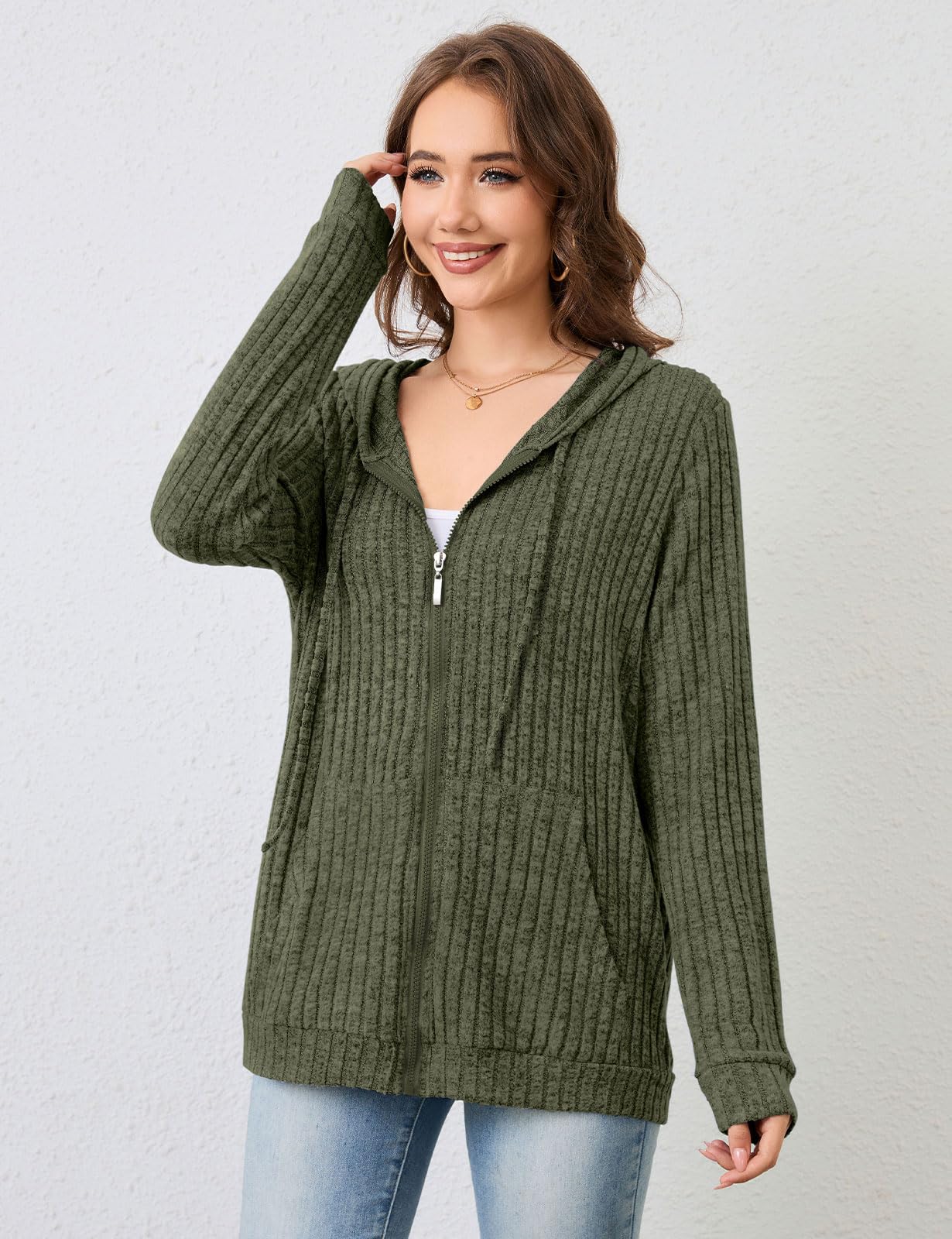 Flikity Womens Cardigans Zip Up Ladies Hoodies with Large Pockets Long Sleeve Tunic Tops Ladies Lightweight Jackets Casual Work Clothes M-XXL