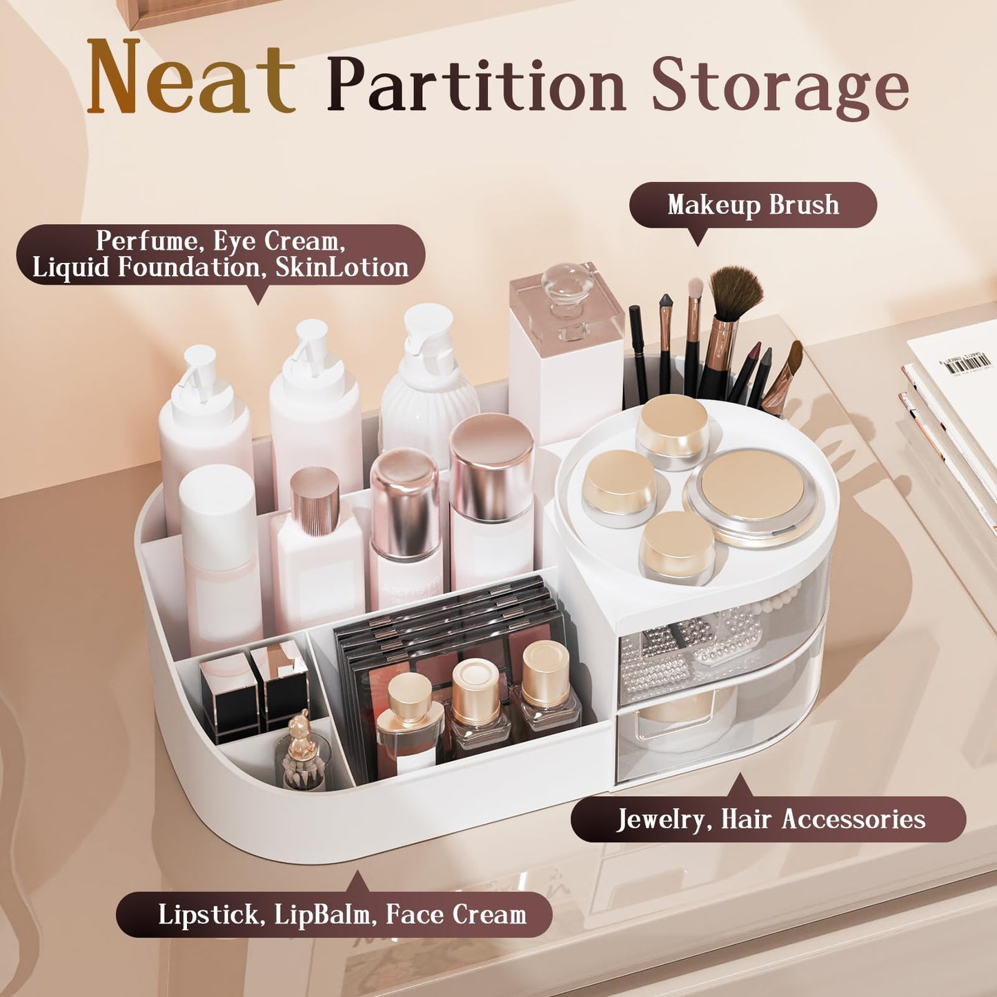 Makeup Organiser, Large Capacity Cosmetic Organisers for Beauty Skincare Jewelry, Make Up Storage Cosmetic Dressing Table Organiser Makeup Box with Drawer for Bedroom Bathroom Dresser Office (White)