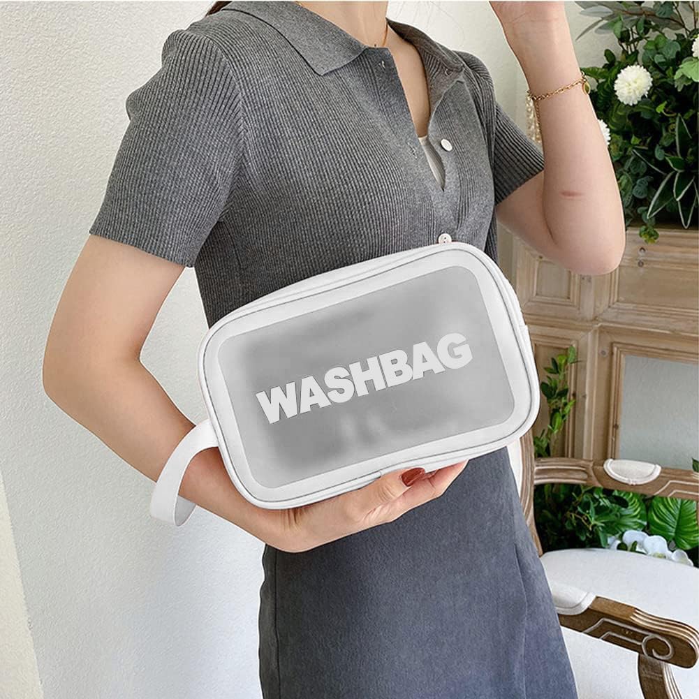 3PCS Clear Toiletry Bag, Wash Bag, Clear PU Makeup Bags, Waterproof Toiletry Travel Bags with Zipper Handle, Portable Airport Cosmetic B-ag for Travel Bathroom Men Women(Blue)
