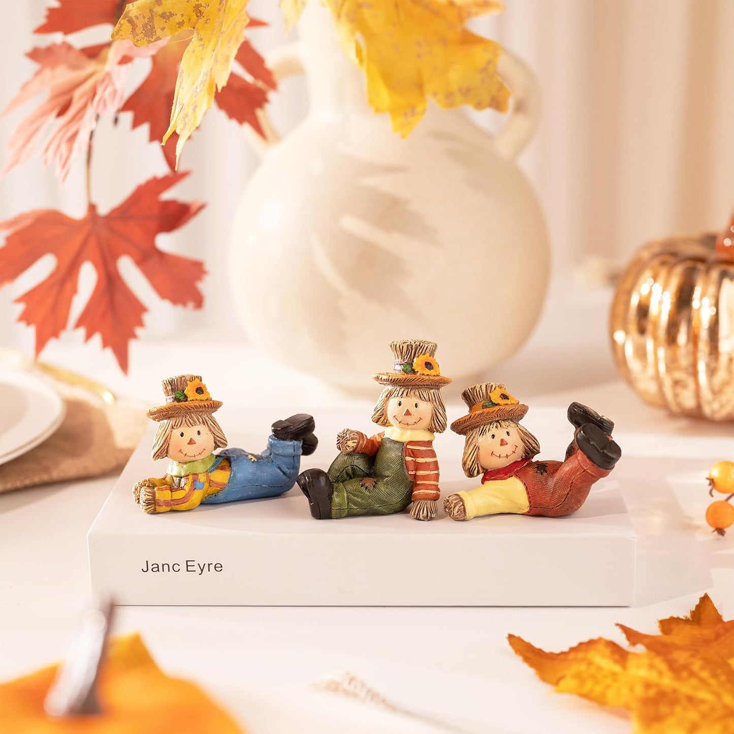 Valery Madelyn Autumn Decorations, Lovely Set of 3 Scarecrows Ornaments with Waterproof Resin Autumn Home Decor, Scarecrows Gifts for Women, Fall Decorations for Living Room, Bedroom, Garden 7.2CM