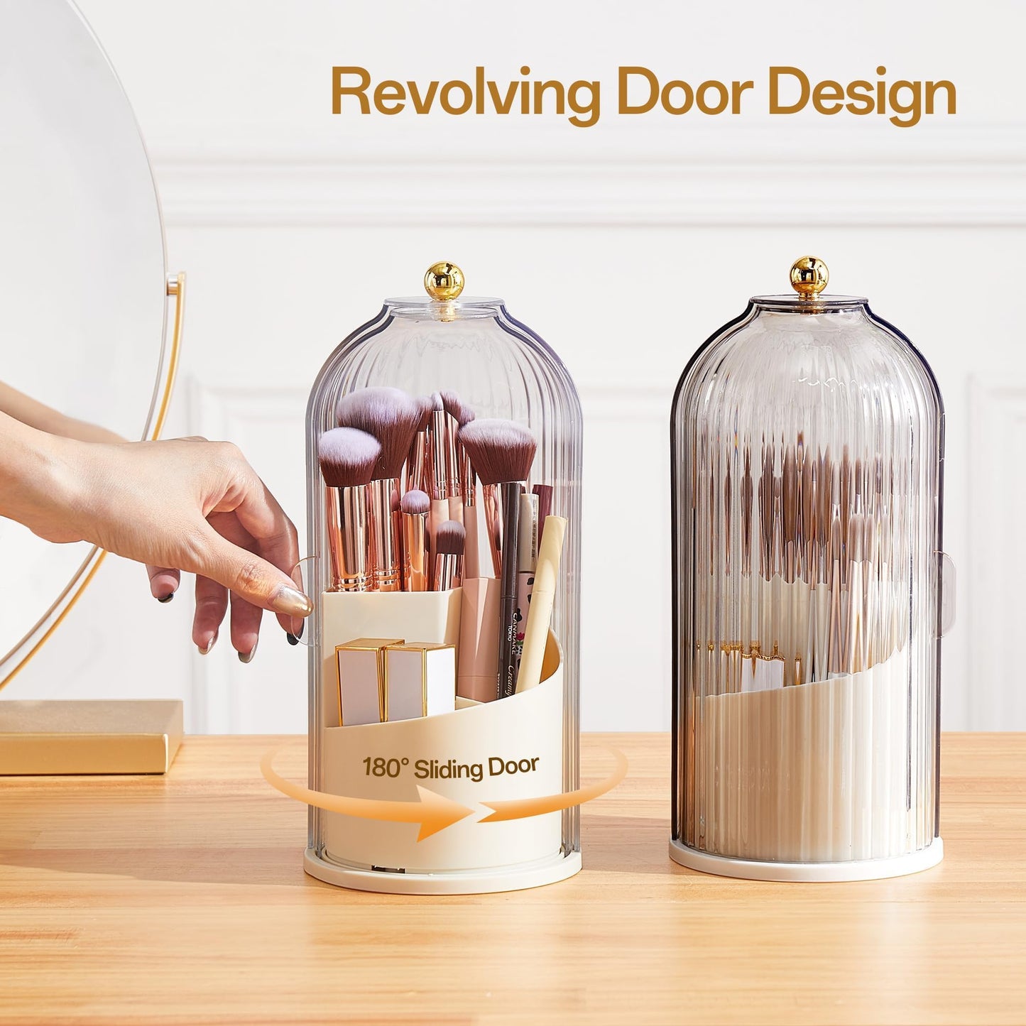 Makeup Brush Holder Rotating Organiser with Clear Lid,Sliding Opening Dustproof Makeup Brush Case Make up Organizer Storage for Dressing Table Organiser,Vanity,White Black