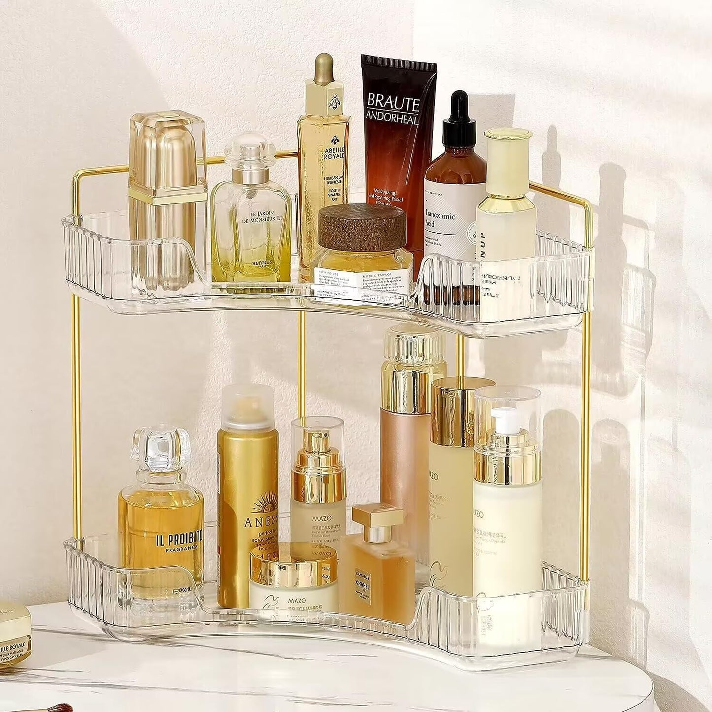 Bingobang Makeup Organiser Corner Trays, 3 Tiers Skincare Cosmetic Organizer Acrylic Large, Storage Tidy for Lipstick, Nail Care, Perfume, Brush, Vanity Dresser, Bedroom, Kitchen, Bathroom(Grey)