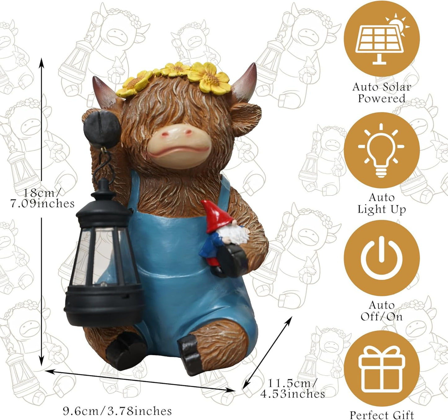 Highland Cow Garden Ornaments Outdoor- Solar Highland Cow Ornaments Statues Wear Blue Pants with Lantern and Gnome, Garden Decor with Sunflowers for Yard, Lawn, Patio, Home, Birthday Gifts for Women