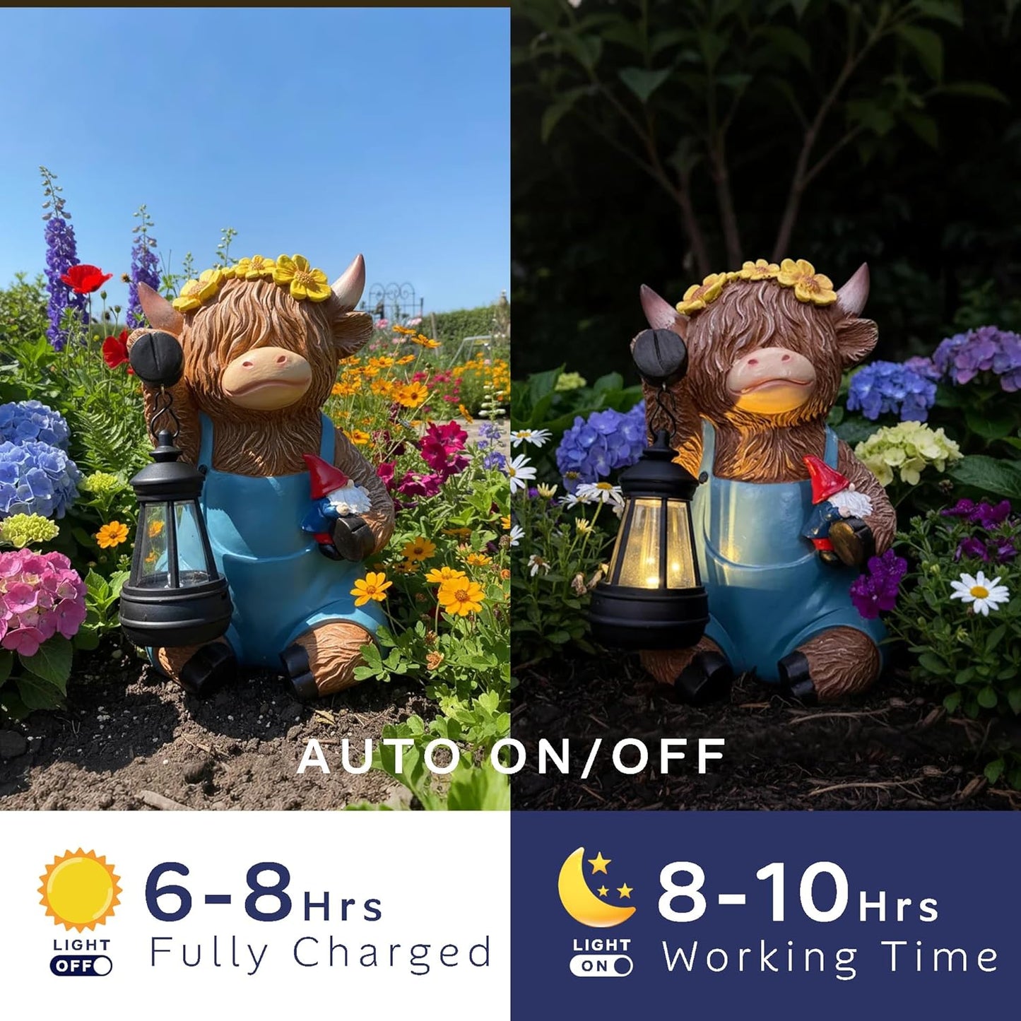 Highland Cow Garden Ornaments Outdoor- Solar Highland Cow Ornaments Statues Wear Blue Pants with Lantern and Gnome, Garden Decor with Sunflowers for Yard, Lawn, Patio, Home, Birthday Gifts for Women