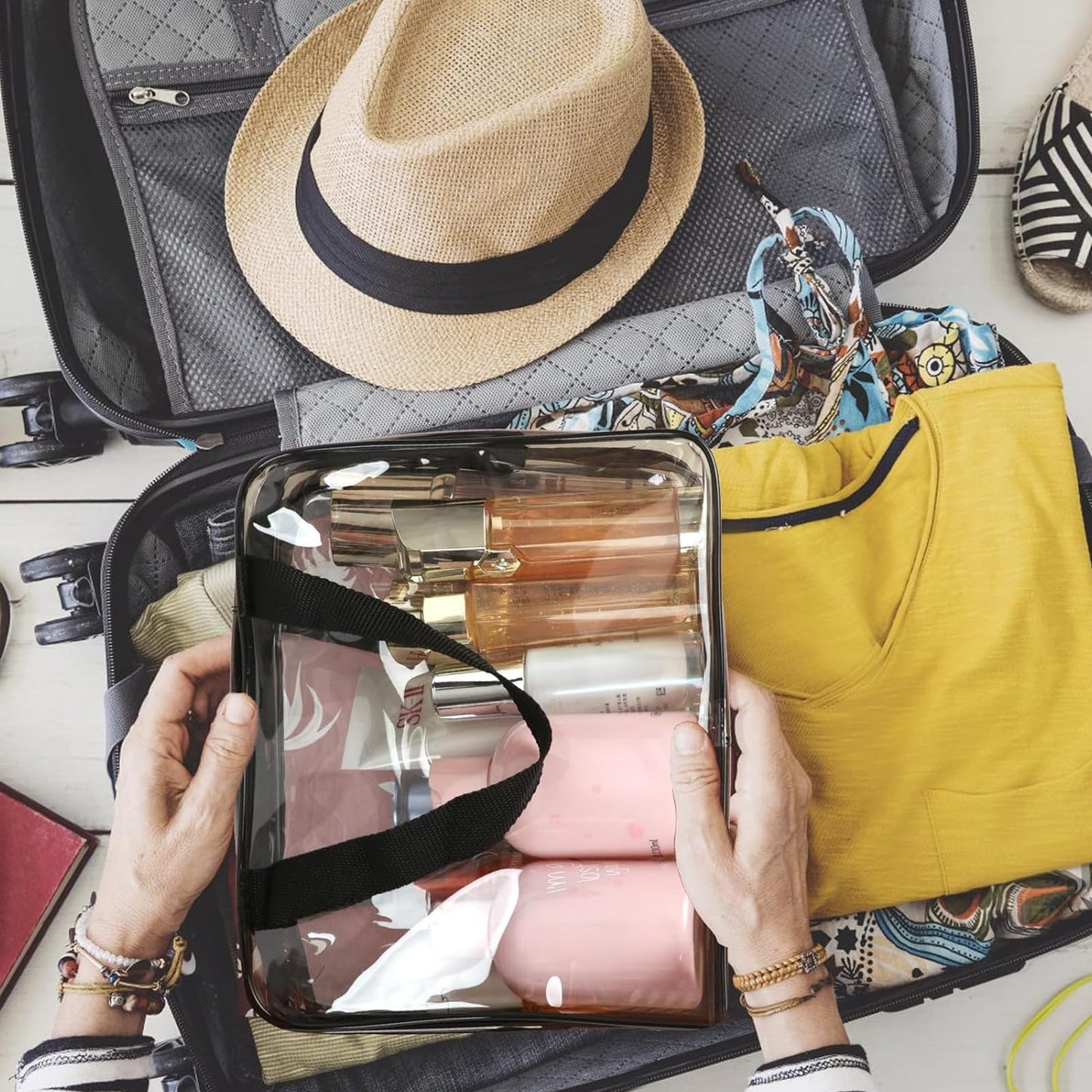 2 Pack Clear Wash Bag for Toiletries, Large/Small Clear Travel Toiletries Bag Thickened PVC Waterproof Makeup Bags with Handles Travel Wash Bags with Zippers for Women Girls Men