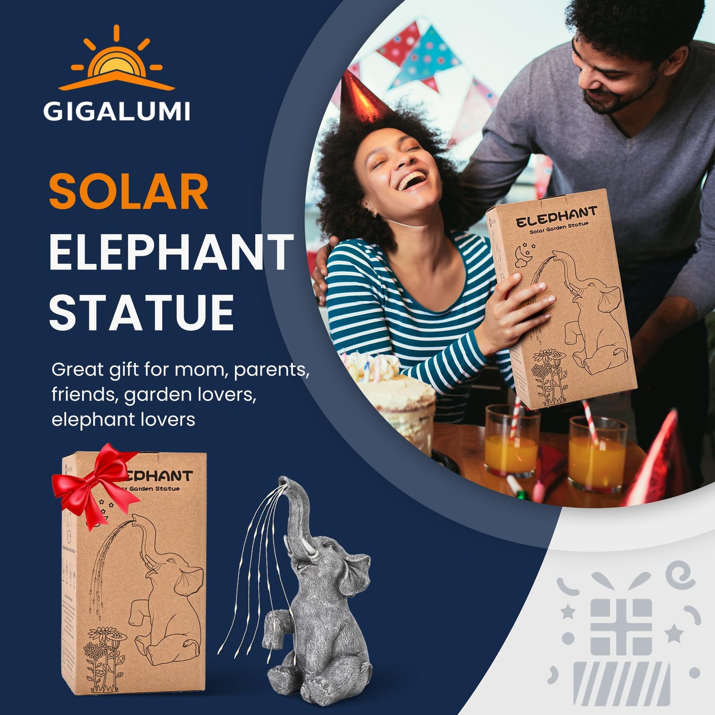 GIGALUMI Upgraded Elephant Statue Garden Decoration True Watering Elephant Figure Solar Powered LED Lights, Gifts for Women, Gifts for Mum, Garden Decorations for Patio(10.6 Inch/ 27 cm)
