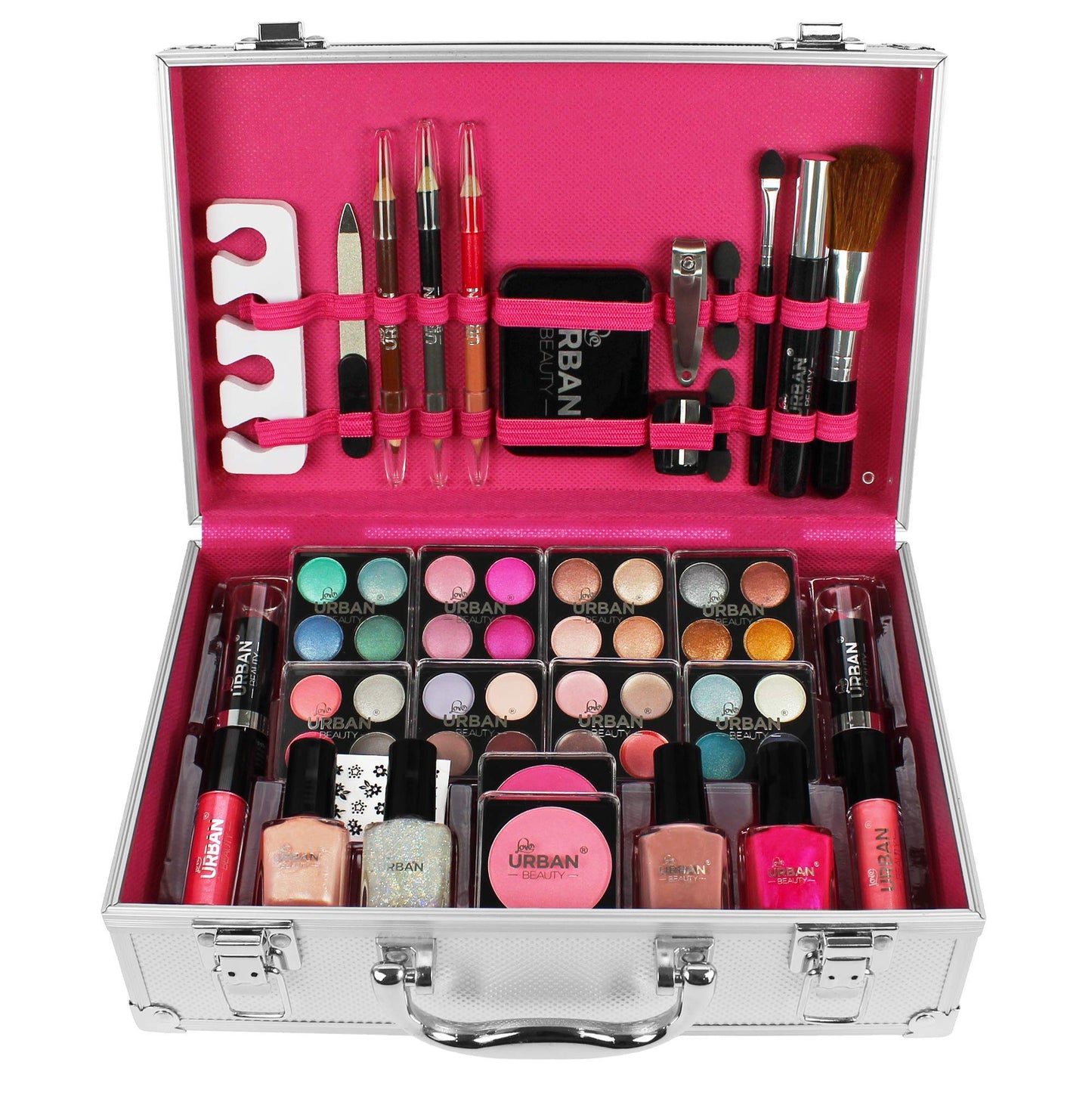 LOVE URBAN BEAUTY Dazzling Makeup Case – 60-Piece Makeup and Nail Set for Teenagers – Elegant Silver Box – Compact and Lightweight Design – Travel-Friendly Women’s Makeup Set
