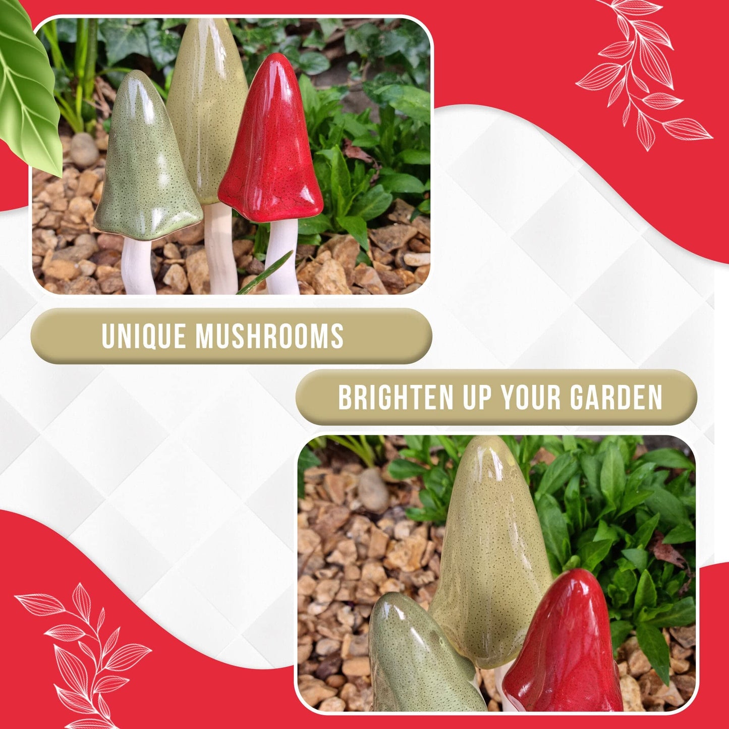 HH Home Hut Tinkling Ceramic Toadstools - Colourful Garden Ornaments, Mushrooms Plant Pot Set of 3 Outdoor Decor, Kids Gardening Set Fairy Garden Large Accessory (Yellow, Red, Orange)