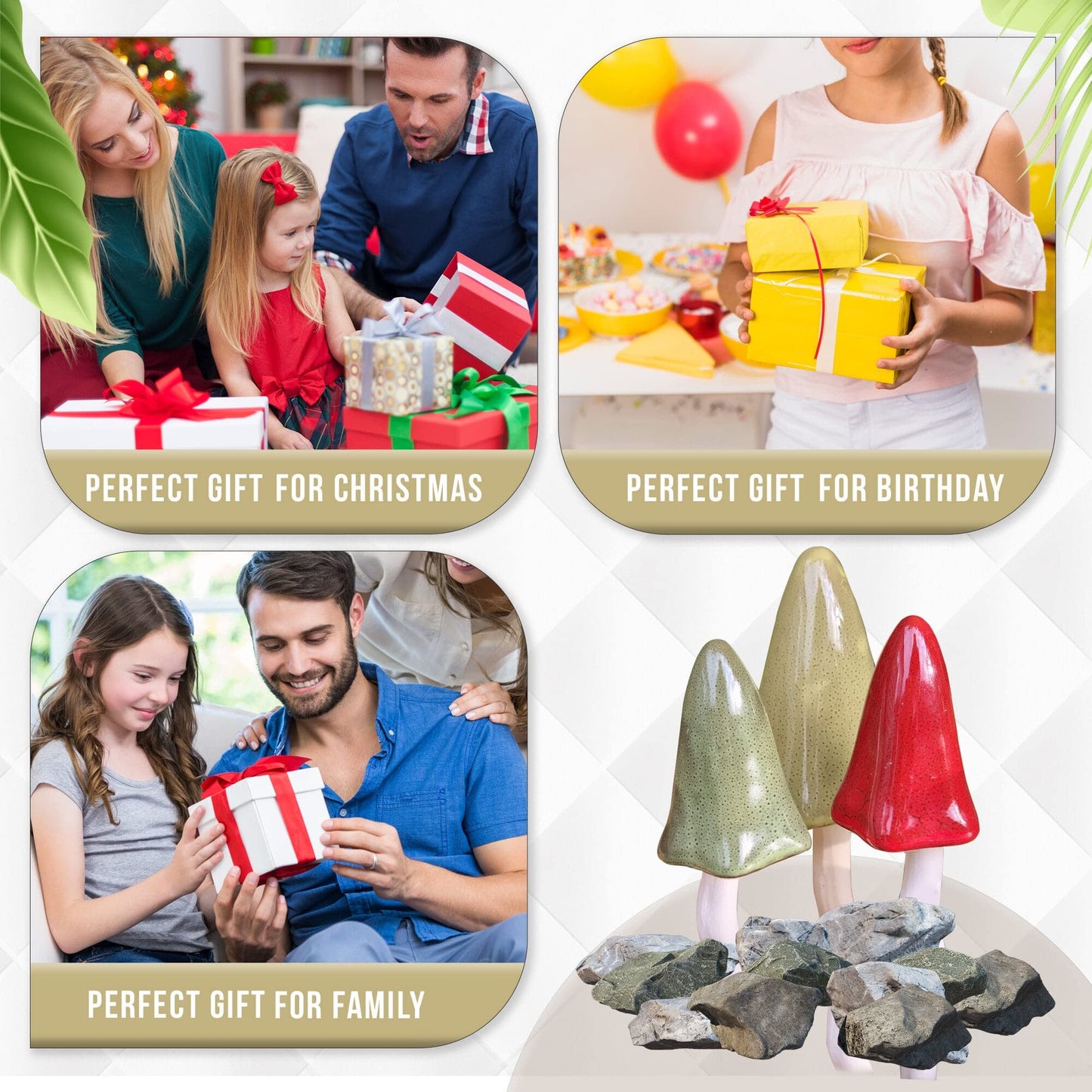 HH Home Hut Tinkling Ceramic Toadstools - Colourful Garden Ornaments, Mushrooms Plant Pot Set of 3 Outdoor Decor, Kids Gardening Set Fairy Garden Large Accessory (Yellow, Red, Orange)