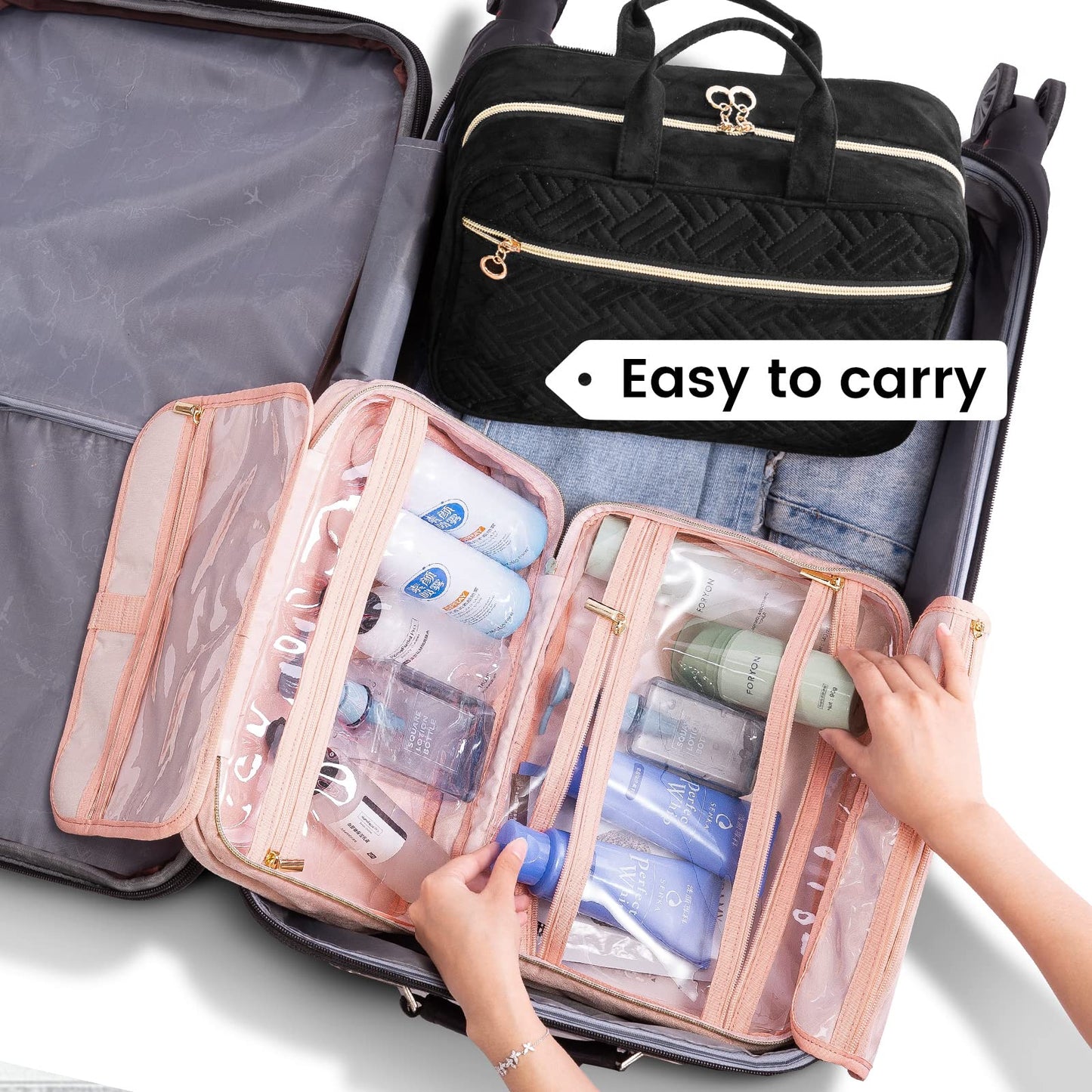 LOVEVOOK Toiletry Bag Hanging Travel Wash Bag for Women, Waterproof Toiletries Makeup Bags with Hook, Large Cosmetic Organizer Ladies, for Full Sized Container