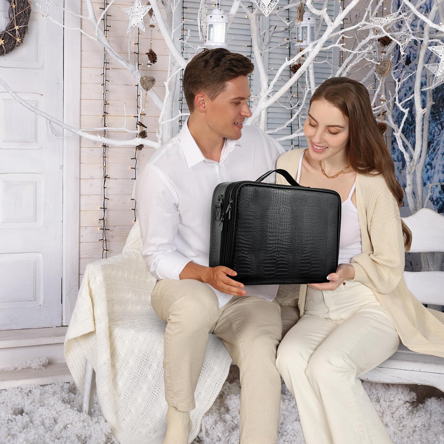 Joligrace Large PU Leather Professional Makeup Bag with Removable Back Strap Cosmetic Case Beauty Box Hairdressing Tools Organiser Storage Box, Marble