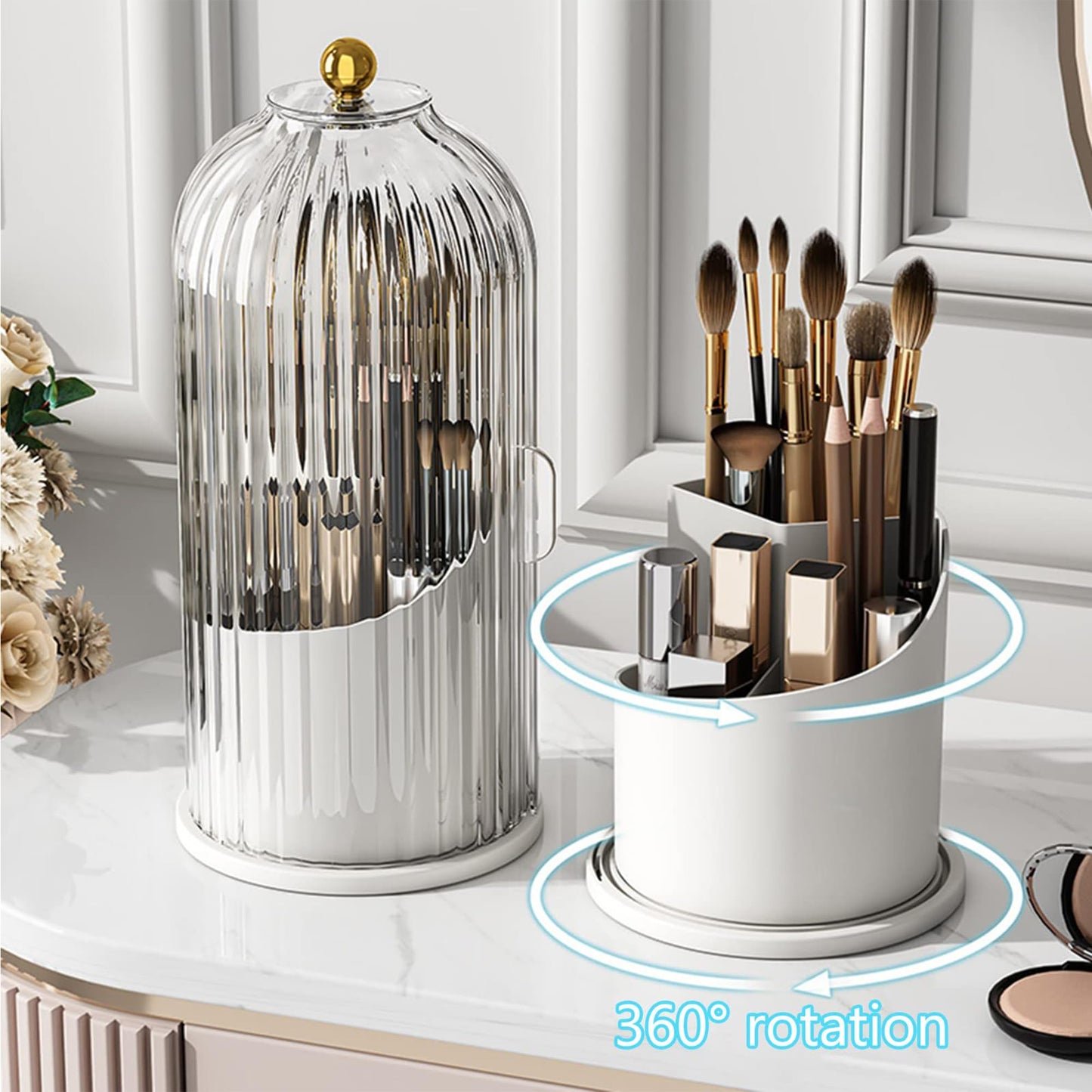 Makeup Brush Holder Rotating Organiser with Clear Lid,Sliding Opening Dustproof Makeup Brush Case Make up Organizer Storage for Dressing Table Organiser,Vanity,White Black