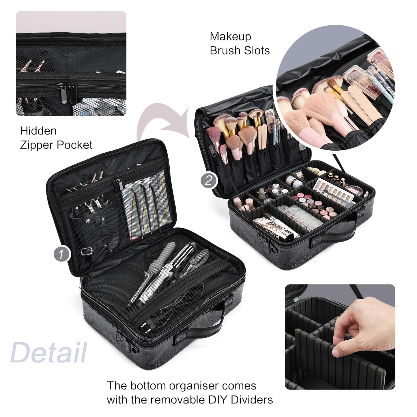 Joligrace Large PU Leather Professional Makeup Bag with Removable Back Strap Cosmetic Case Beauty Box Hairdressing Tools Organiser Storage Box, Marble