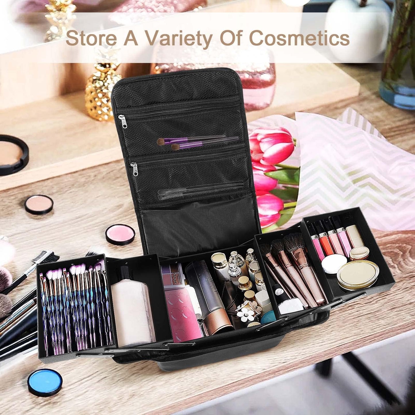 Makeup Case Large Vanity Case – 29x21x27cm Portable Cosmetic Organiser with Shoulder Strap – Professional Make Up Case for Travel & Home, Durable Nylon Storage Beauty Box