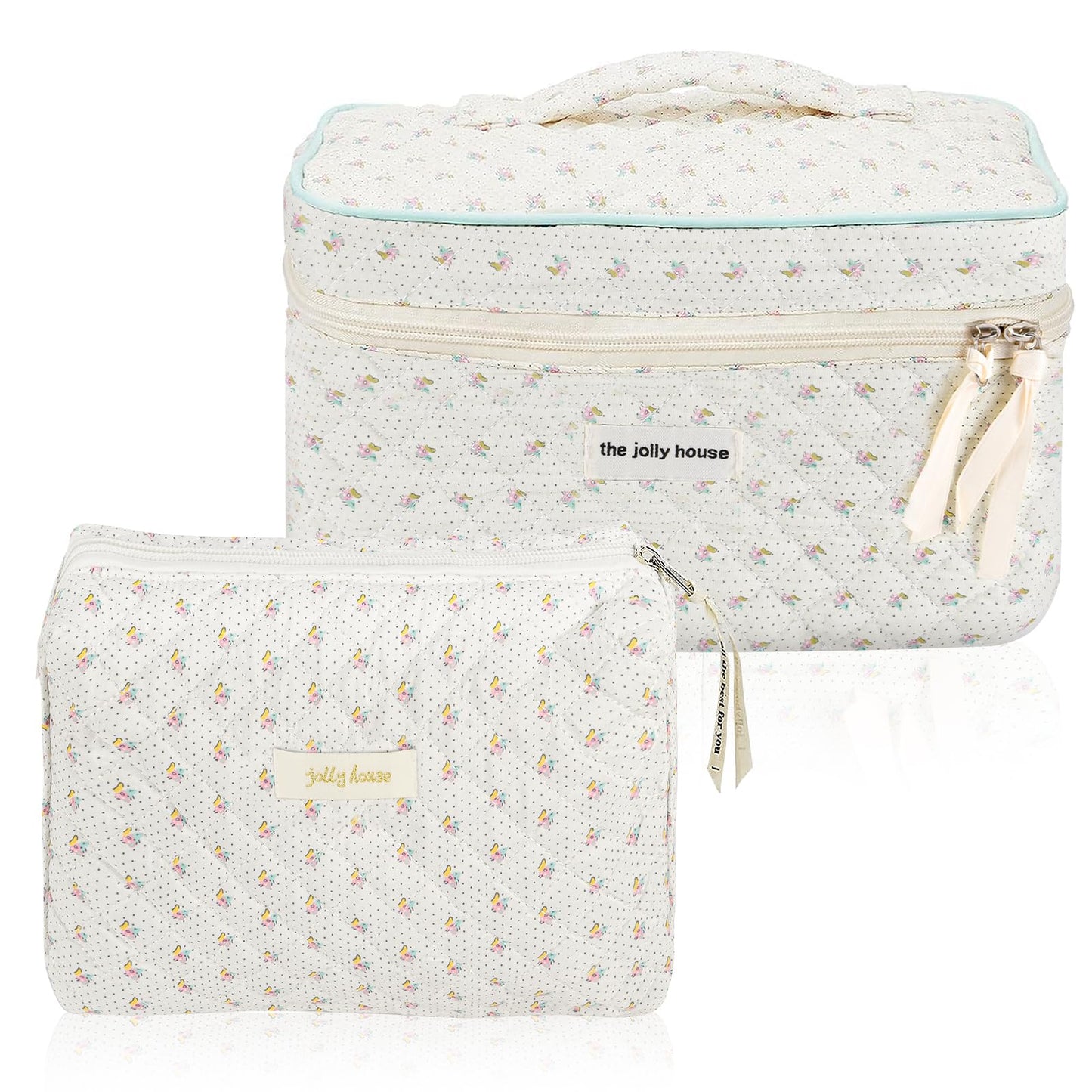 Aucuu Cotton Makeup Bag, Portable Travel Cosmetic Bag, Large Capacity Floral Toiletry Bags, Quilted Wash Bags Organizer for Women Girls