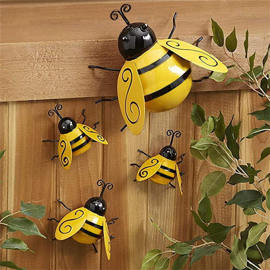 Metal Bumble Bee Garden Decorations 3D Sculpture Garden Ornaments Outdoor Lawn/Bar/Bedroom/Living Room/Shop Wall Hanging Bumble Bee Decor (4 PCS)