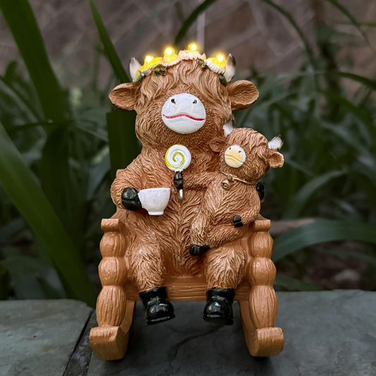 Highland Cow Garden Ornaments Outdoor- Solar Highland Cow Ornaments Statues Mother and Child on Rocking Chair, Garden Decor with Luminous Flowers for Yard, Lawn, Patio, Home, Birthday Gifts for Women