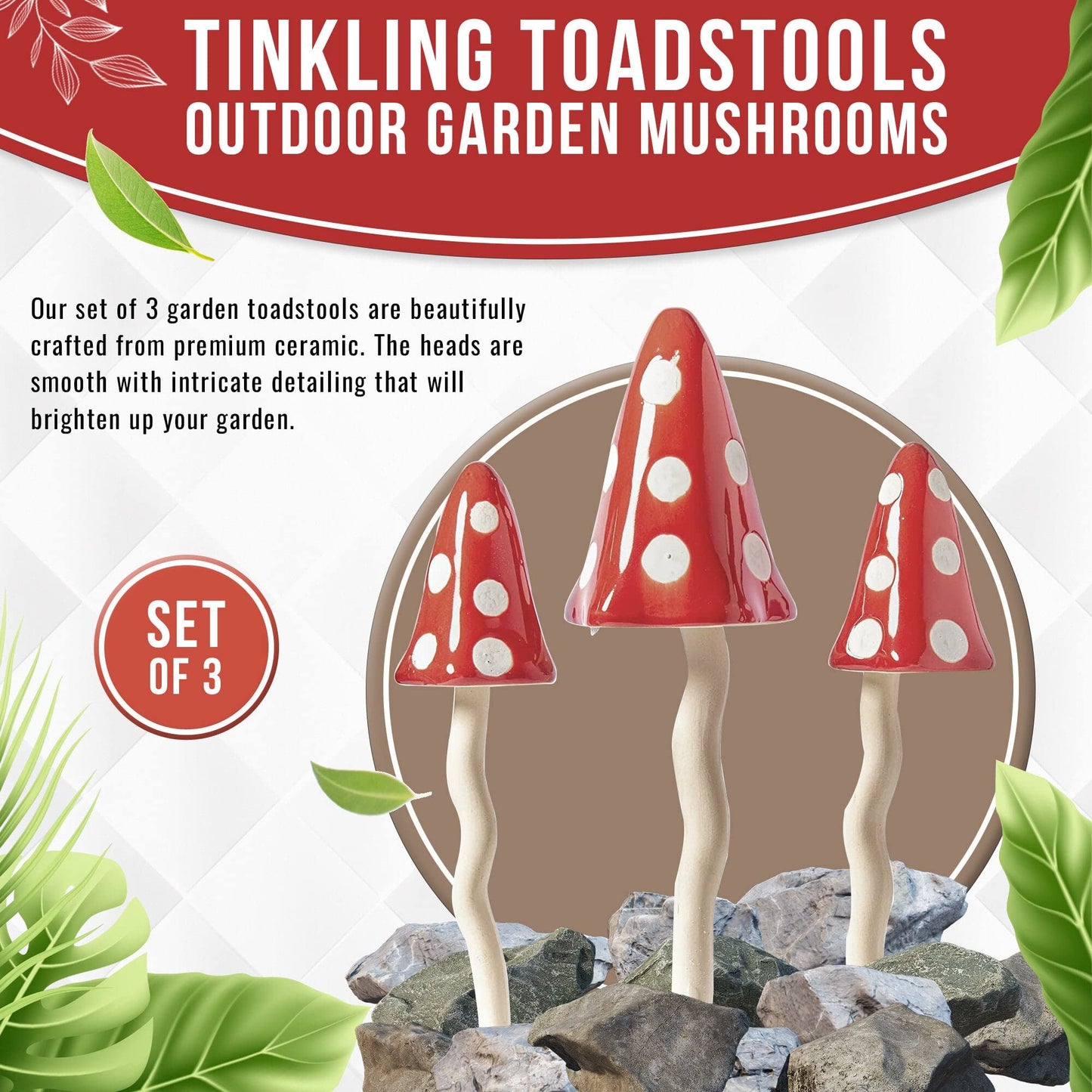 HH Home Hut Tinkling Ceramic Toadstools - Colourful Garden Ornaments, Mushrooms Plant Pot Set of 3 Outdoor Decor, Kids Gardening Set Fairy Garden Large Accessory (Yellow, Red, Orange)