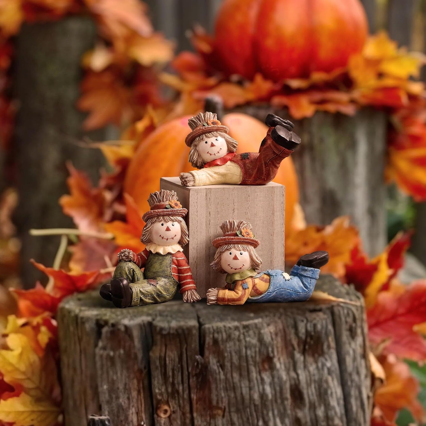 Valery Madelyn Autumn Decorations, Lovely Set of 3 Scarecrows Ornaments with Waterproof Resin Autumn Home Decor, Scarecrows Gifts for Women, Fall Decorations for Living Room, Bedroom, Garden 7.2CM