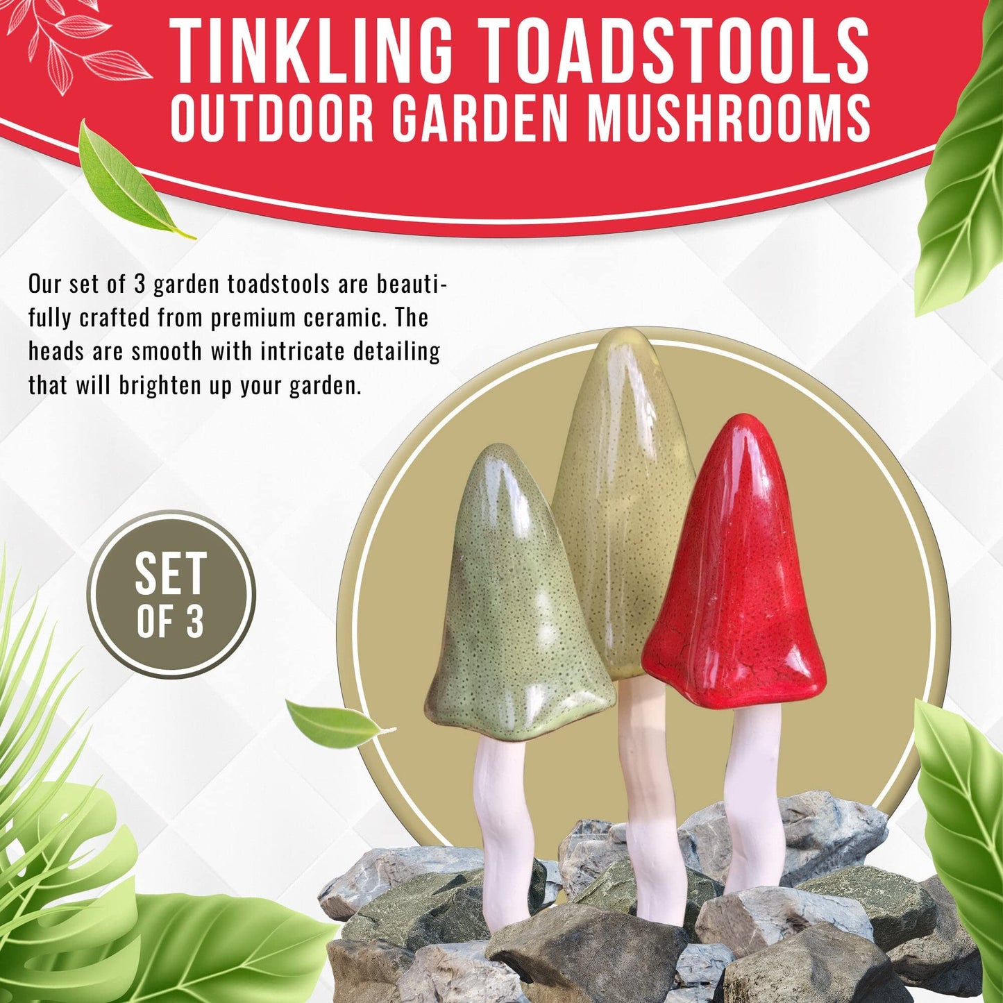 HH Home Hut Tinkling Ceramic Toadstools - Colourful Garden Ornaments, Mushrooms Plant Pot Set of 3 Outdoor Decor, Kids Gardening Set Fairy Garden Large Accessory (Yellow, Red, Orange)