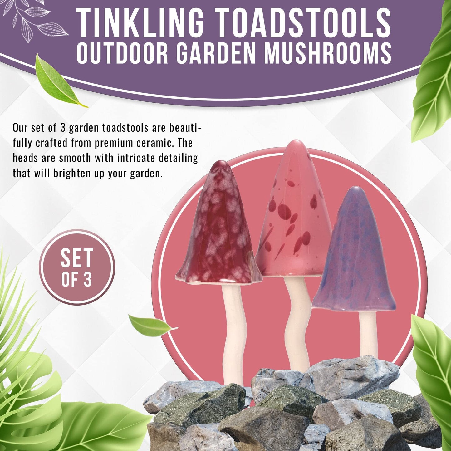 HH Home Hut Tinkling Ceramic Toadstools - Colourful Garden Ornaments, Mushrooms Plant Pot Set of 3 Outdoor Decor, Kids Gardening Set Fairy Garden Large Accessory (Yellow, Red, Orange)