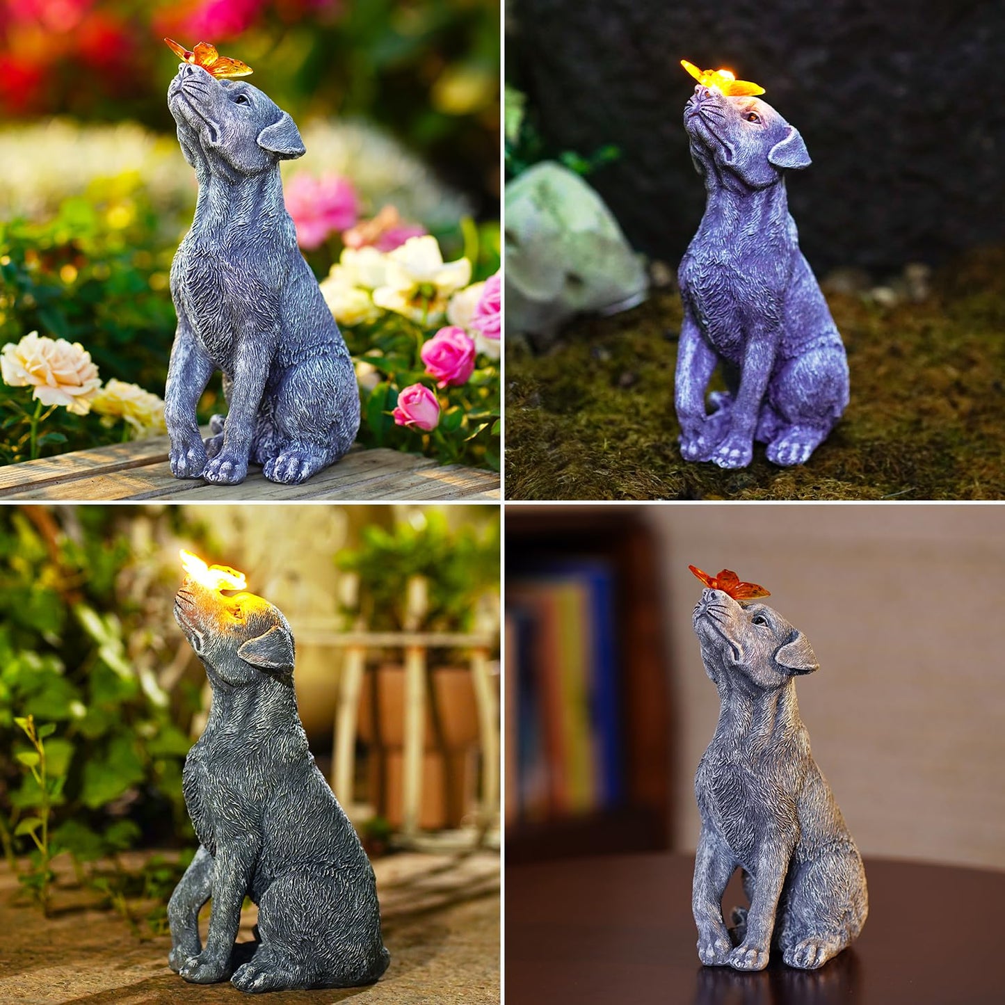 Dog Garden Ornaments With Solar Butterfly - Unique Gifts for Women Mum Men - Outdoor Puppy Decor for Patio Yard Lawn Balcony Resin Waterproof Sculpture