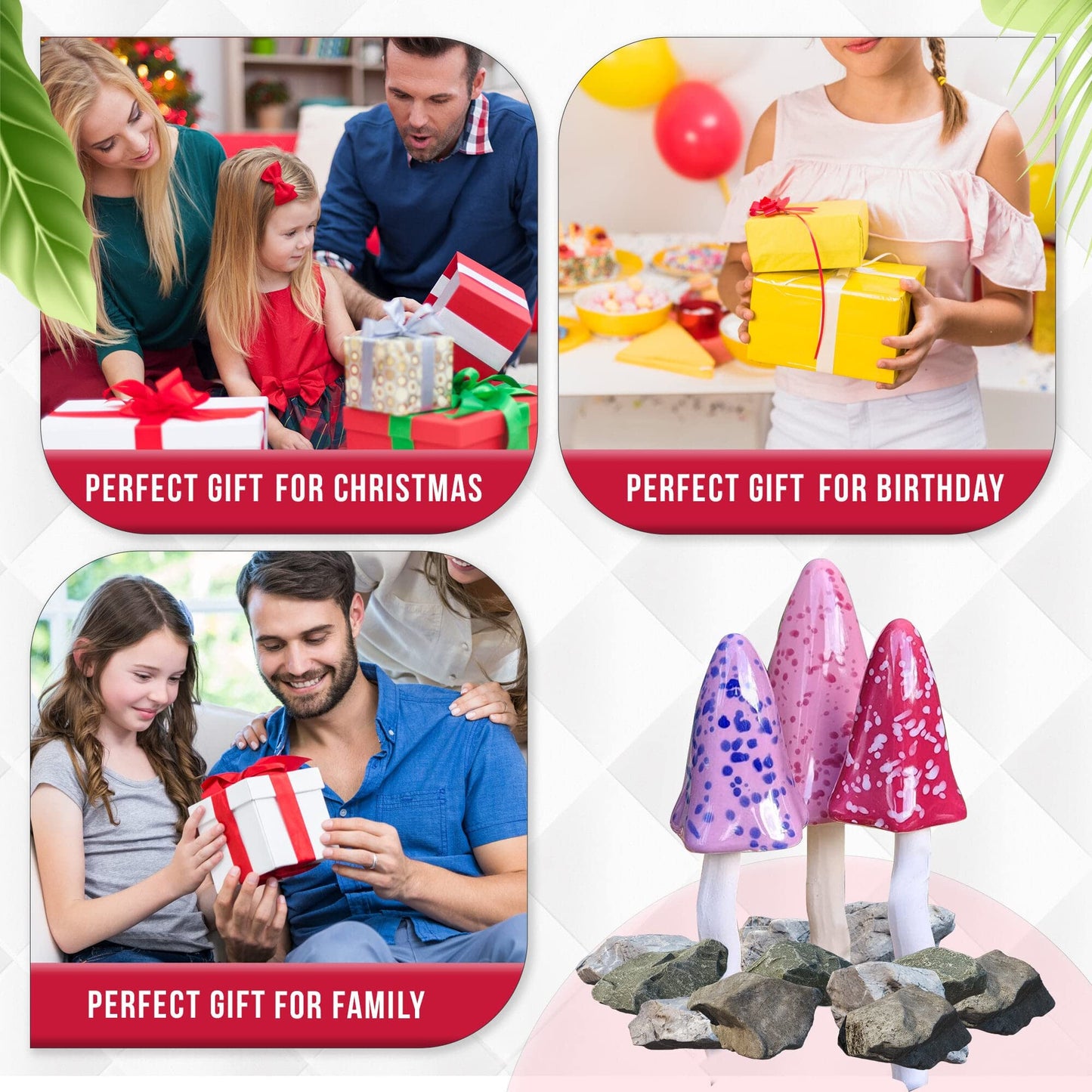 HH Home Hut Tinkling Ceramic Toadstools - Colourful Garden Ornaments, Mushrooms Plant Pot Set of 3 Outdoor Decor, Kids Gardening Set Fairy Garden Large Accessory (Yellow, Red, Orange)