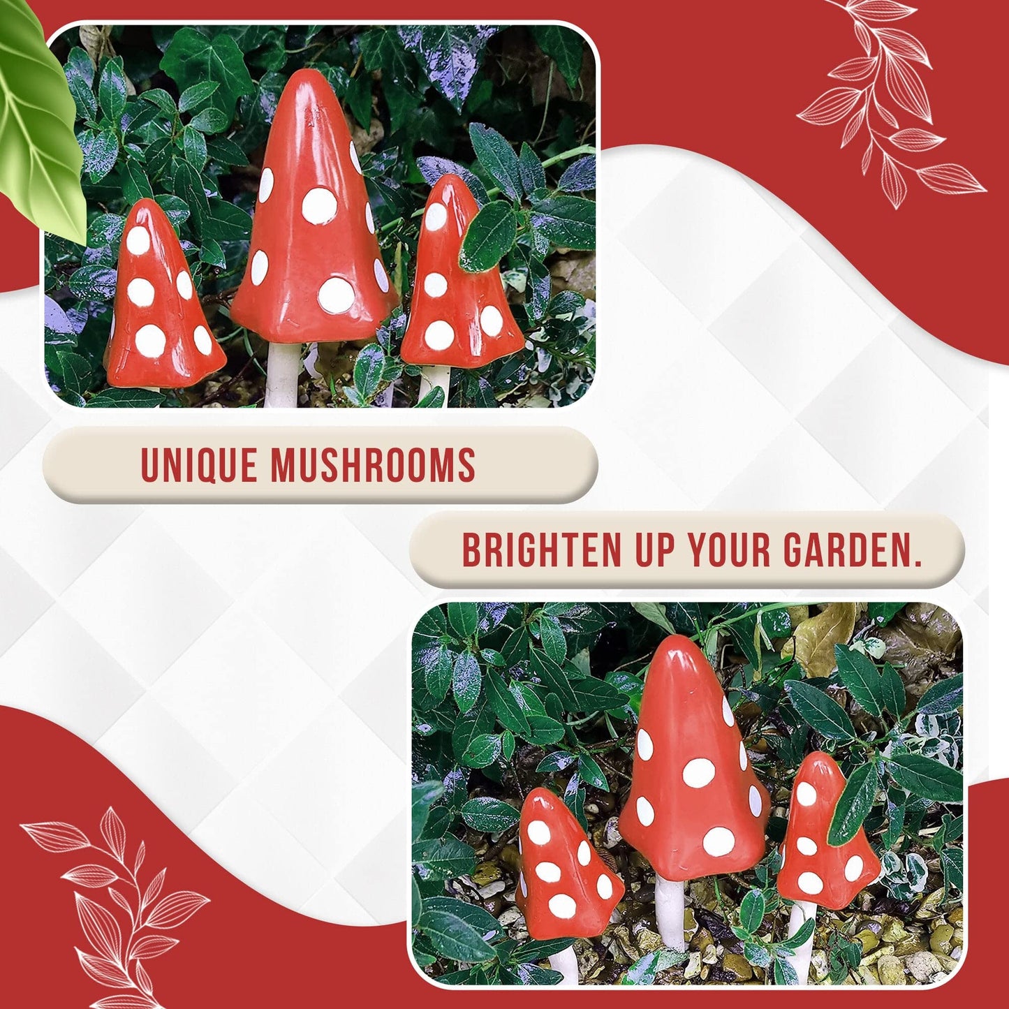 HH Home Hut Tinkling Ceramic Toadstools - Colourful Garden Ornaments, Mushrooms Plant Pot Set of 3 Outdoor Decor, Kids Gardening Set Fairy Garden Large Accessory (Yellow, Red, Orange)