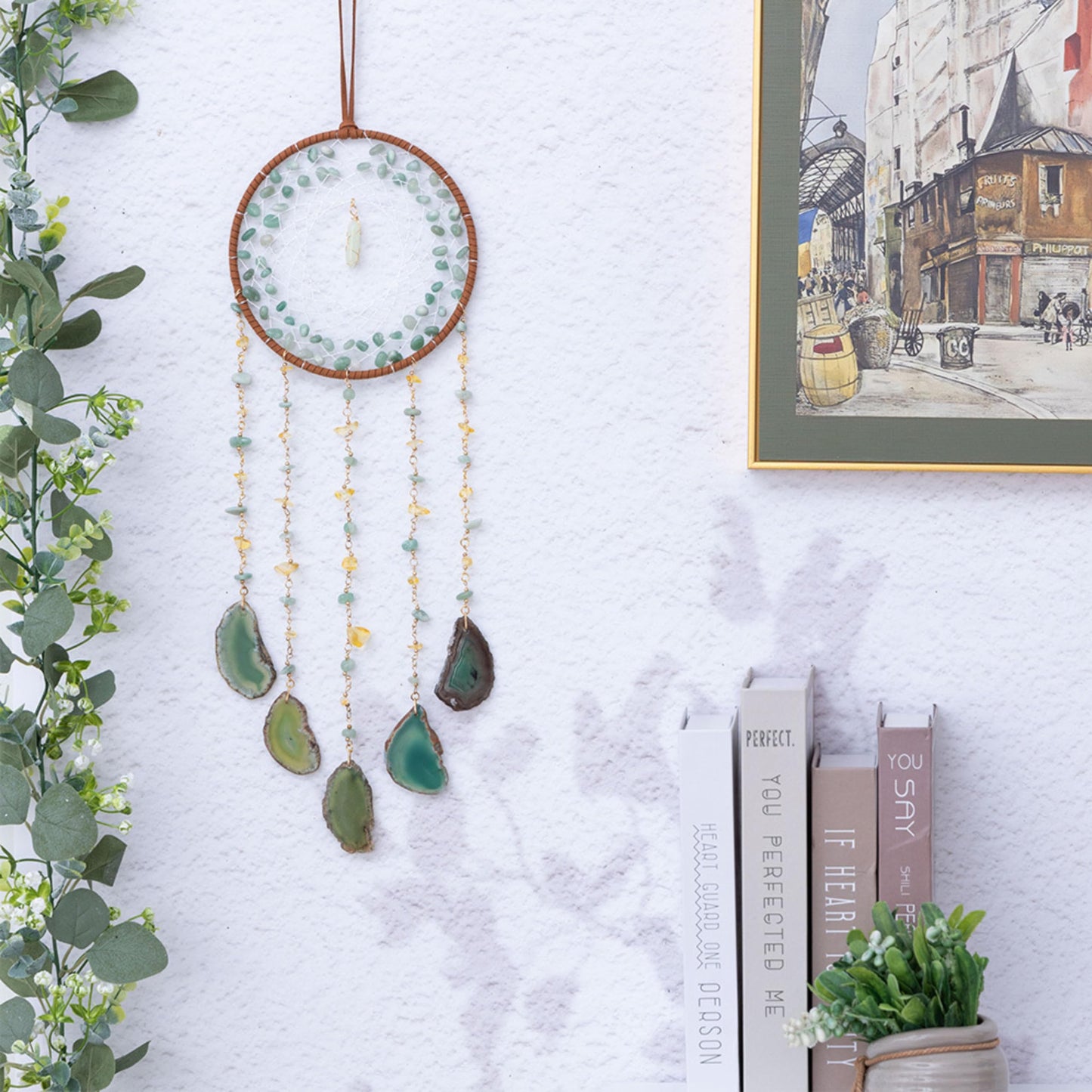 Moon Crystals Tree of Life Dream Catchers,Natural Gem Agate Wall Hangings for Windows Garden Home Décor (New moon shape)