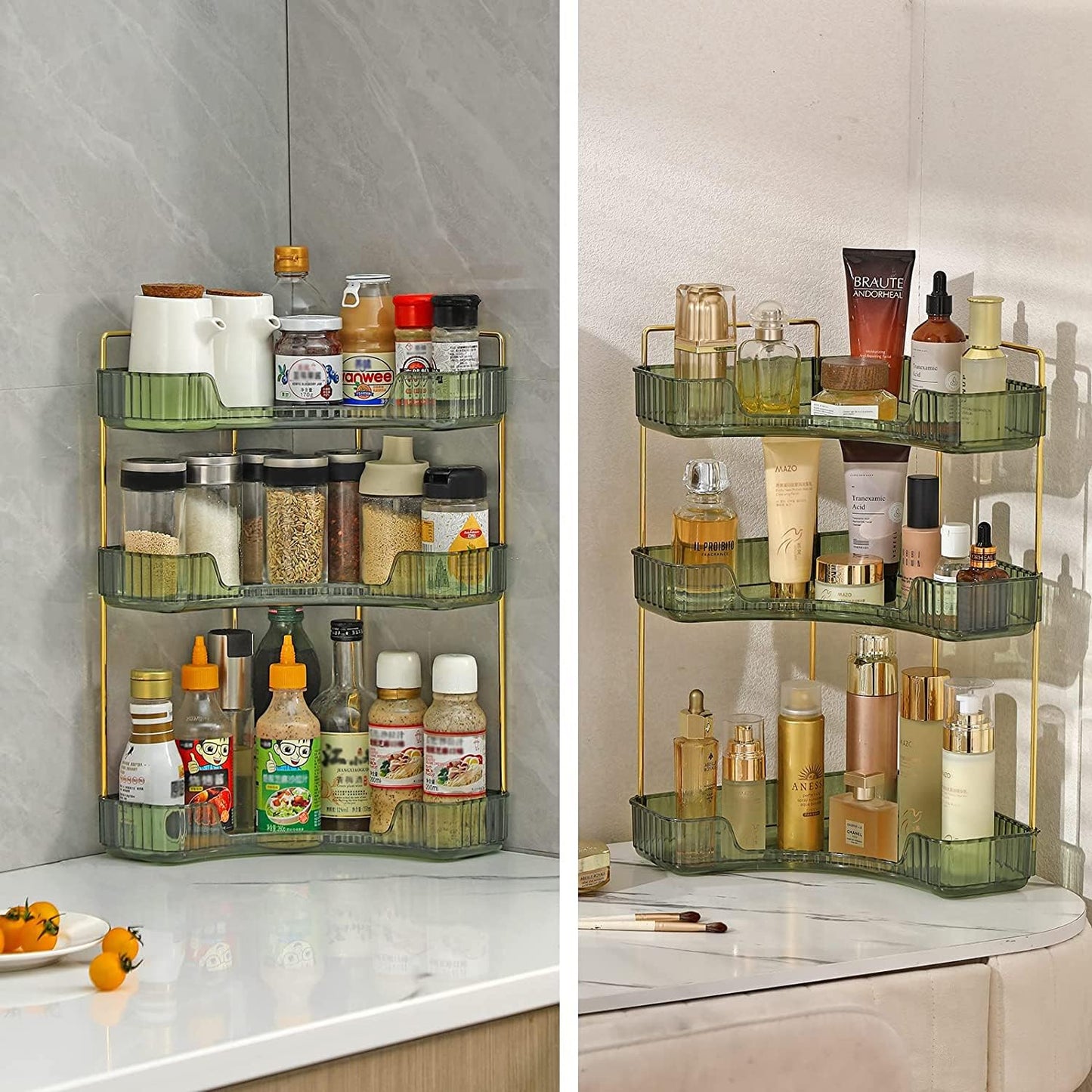 Bingobang Makeup Organiser Corner Trays, 3 Tiers Skincare Cosmetic Organizer Acrylic Large, Storage Tidy for Lipstick, Nail Care, Perfume, Brush, Vanity Dresser, Bedroom, Kitchen, Bathroom(Grey)